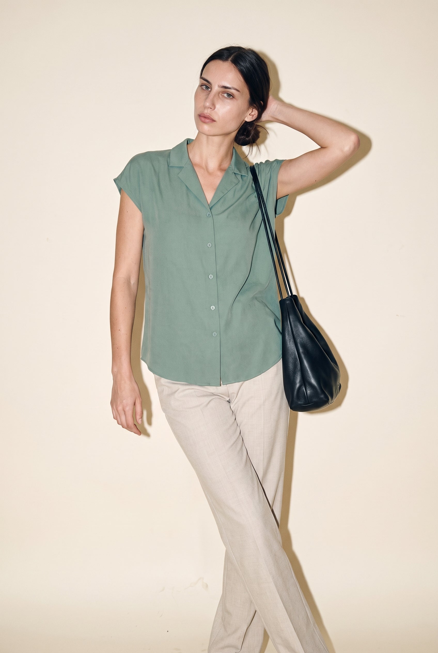 Button Down Cap Sleeve Shirt Jade