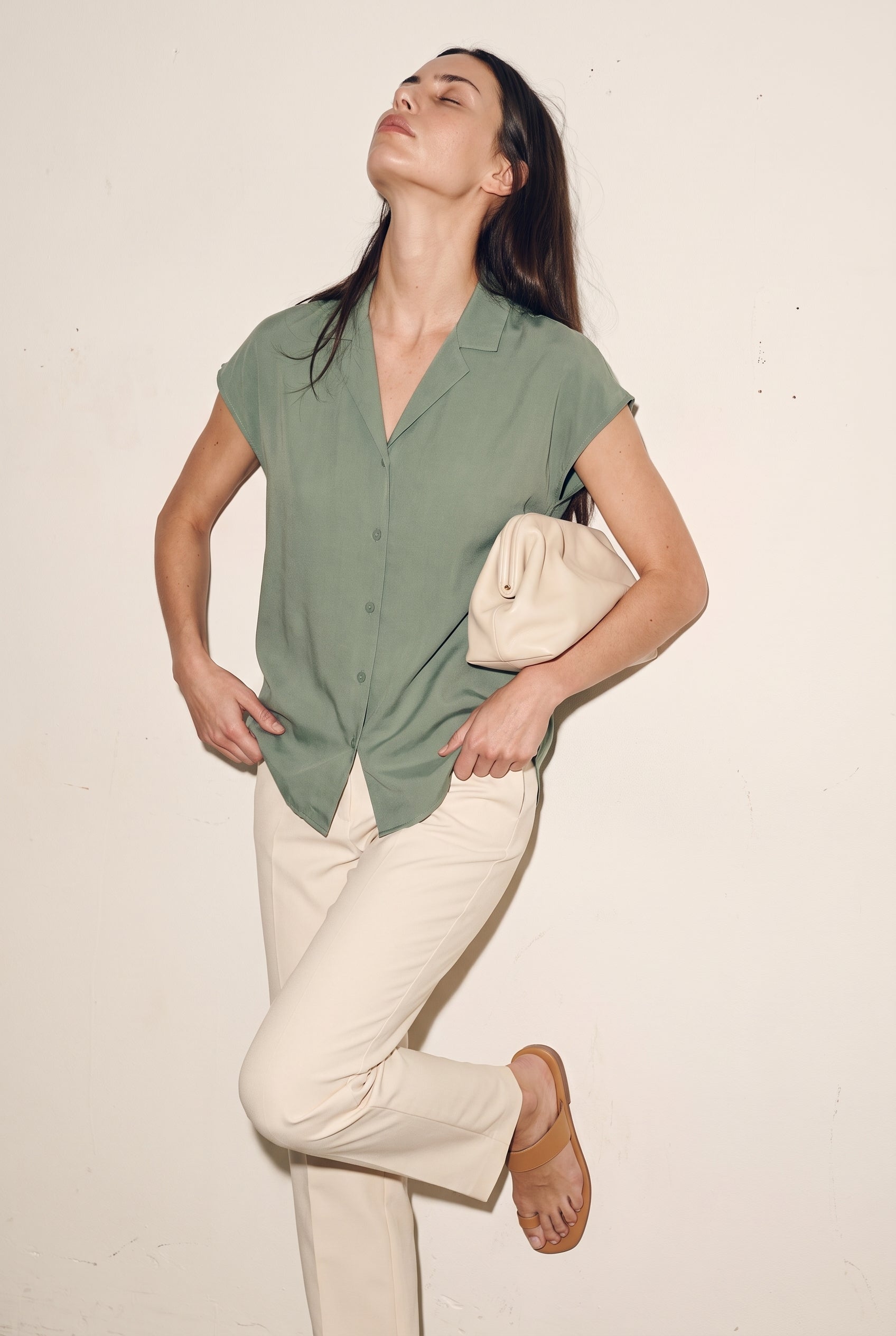 Button Down Cap Sleeve Shirt Jade