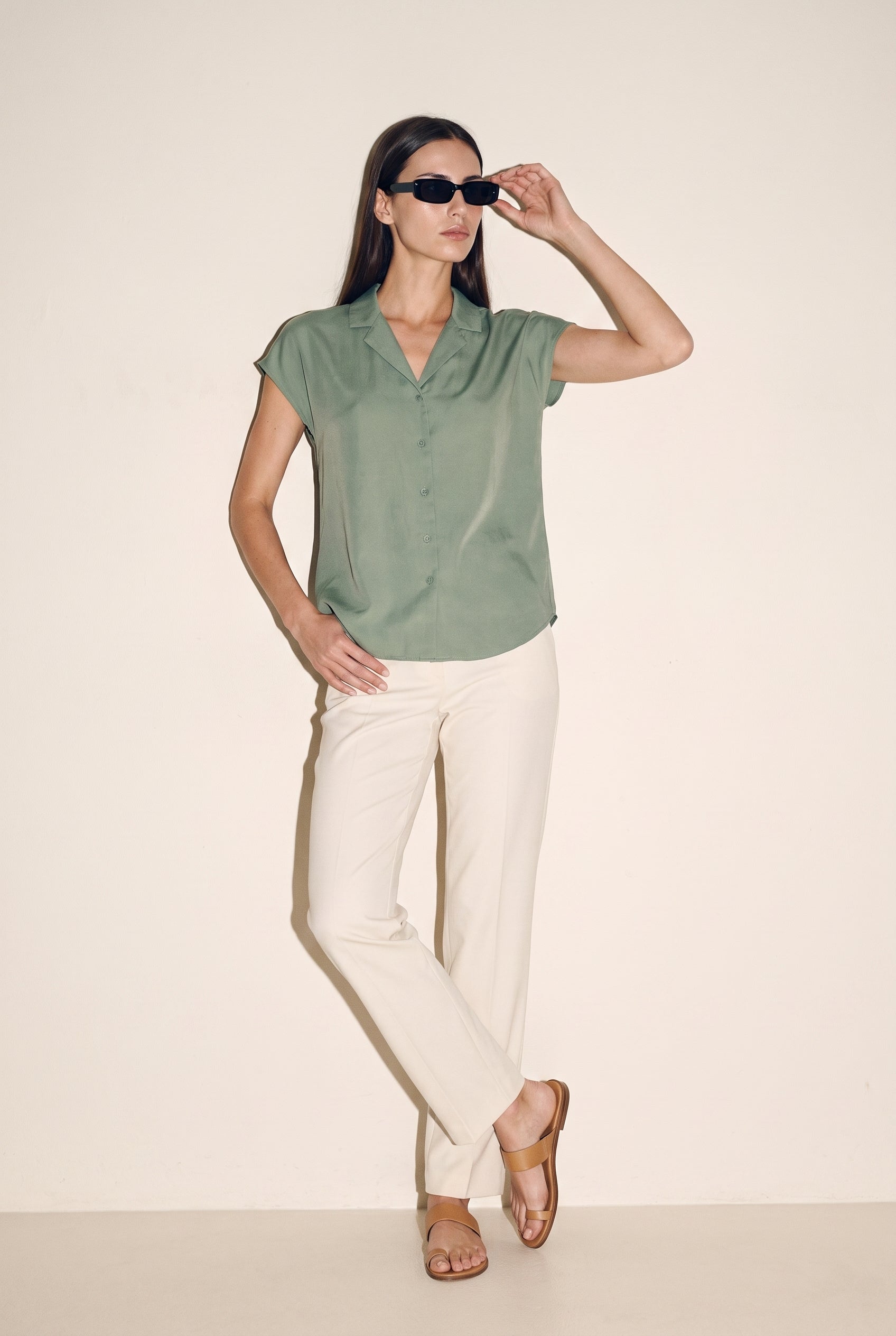 Button Down Cap Sleeve Shirt Jade