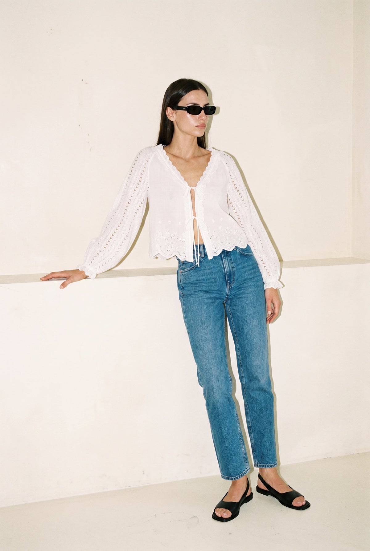 Lace Garden Tie-Front Blouse White Miou Muse