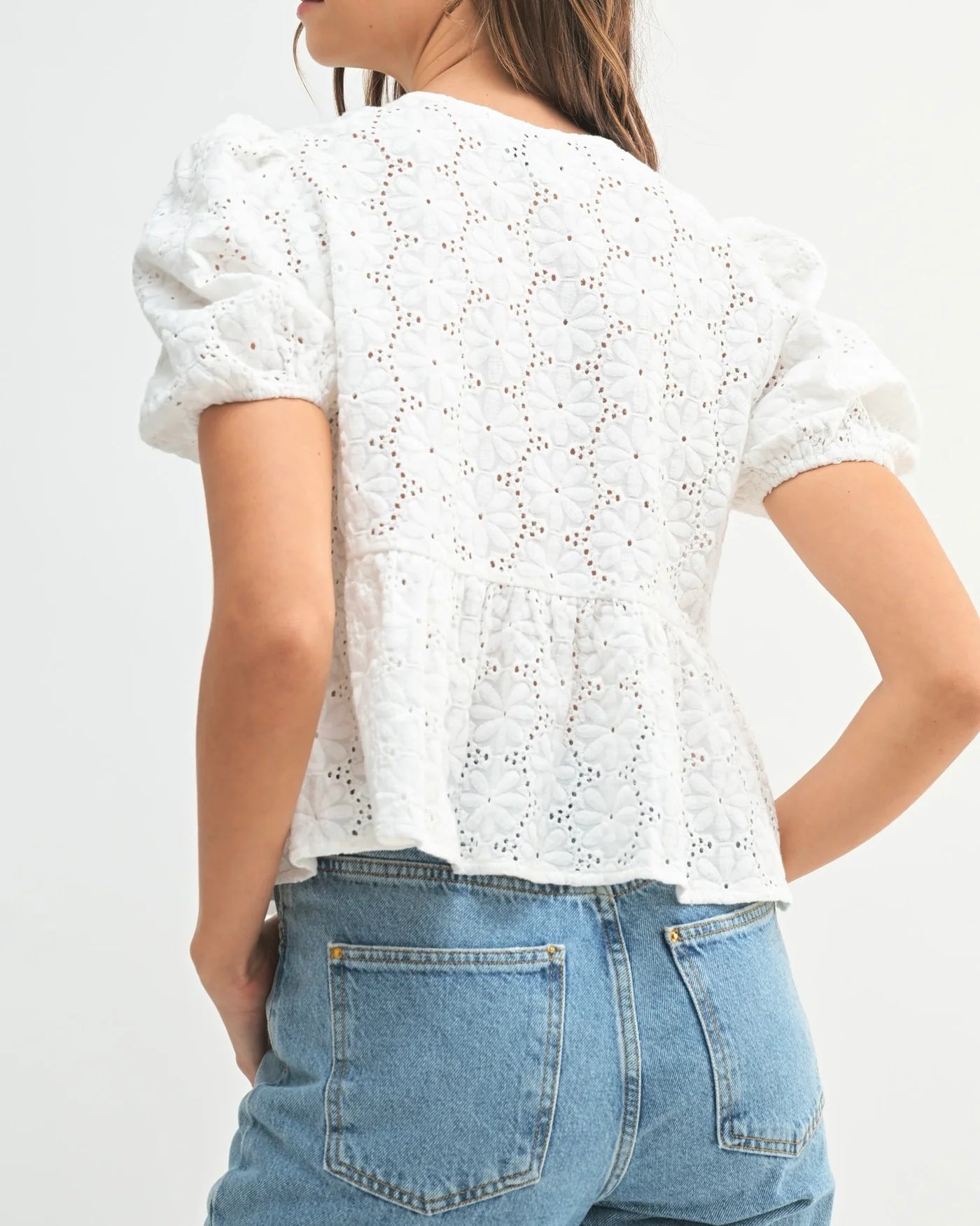 Eyelet Puff Sleeve Bottom Ruffle Front Tie Top Off White