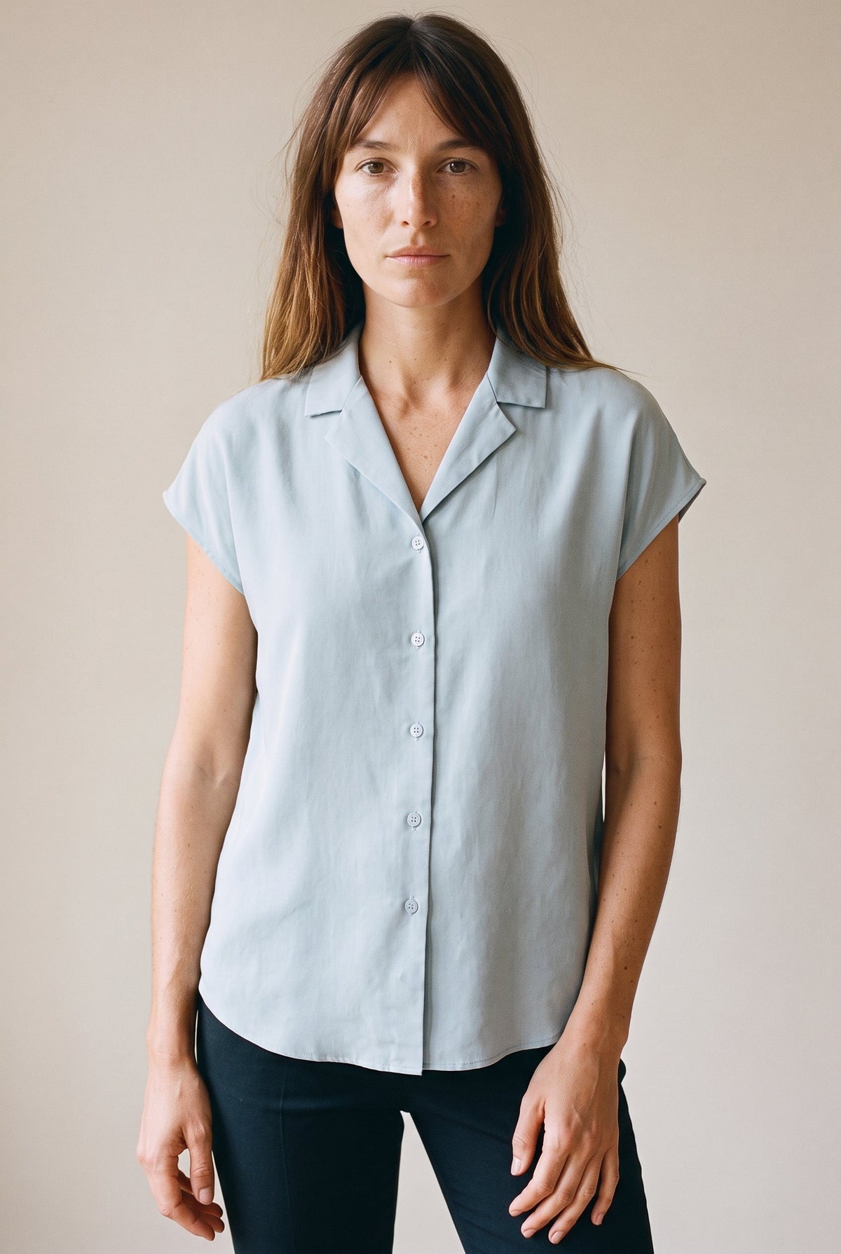 Button Down Cap Sleeve Shirt Baby Blue Miou Muse