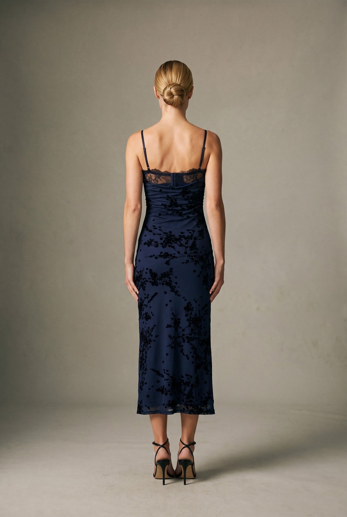 Spaghetti Bra Cup Mesh Velvet Burn Out Midi Dress Black/Navy FORE COLLECTION