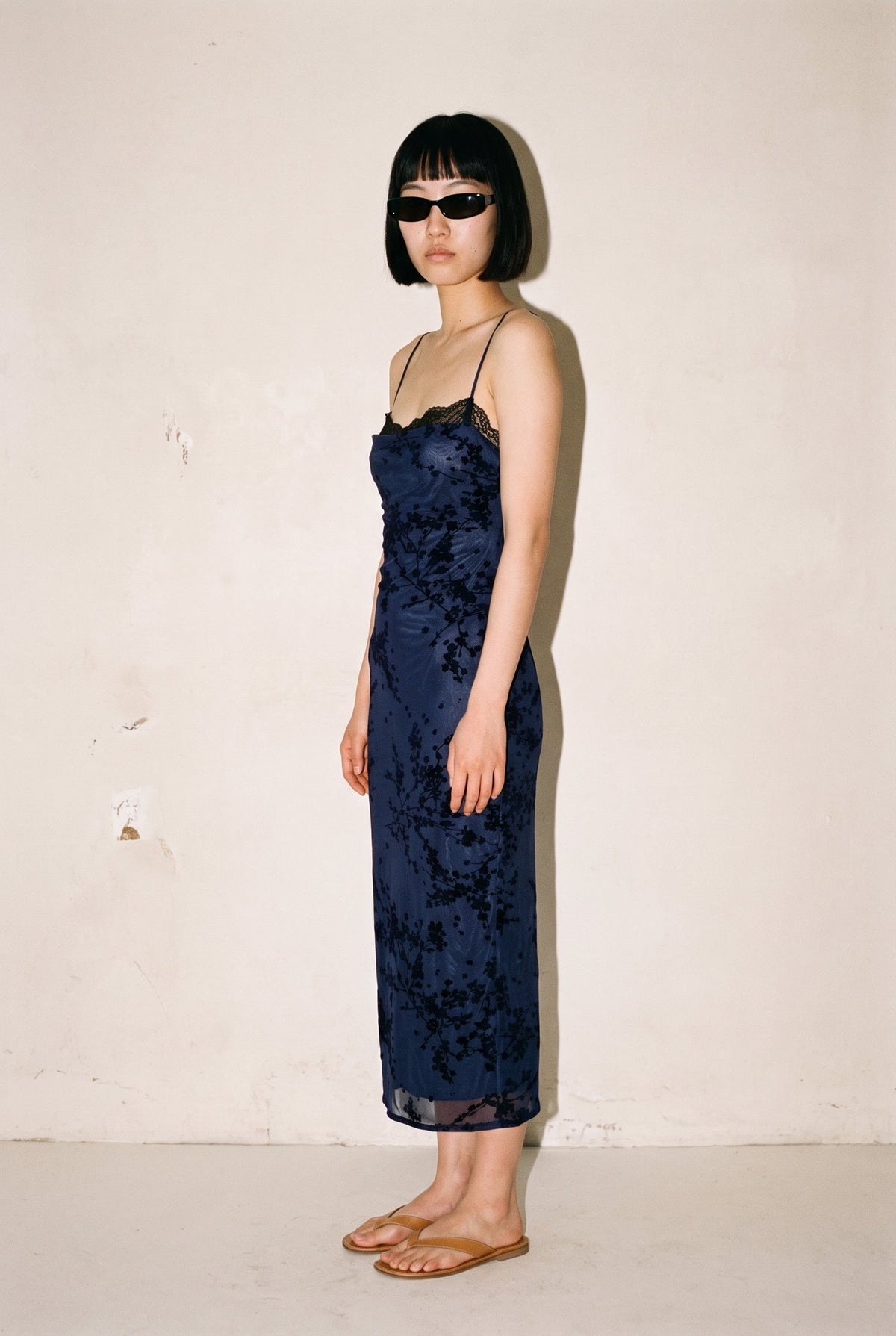 Spaghetti Bra Cup Mesh Velvet Burn Out Midi Dress Black/Navy FORE COLLECTION