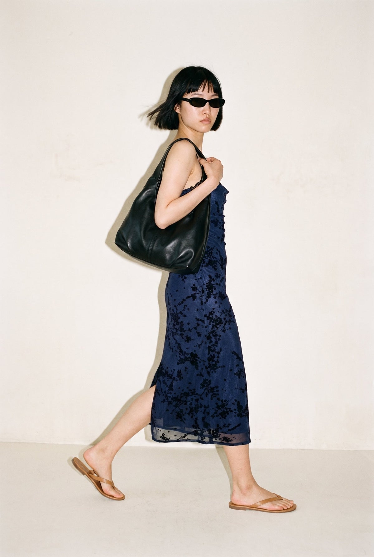 Spaghetti Bra Cup Mesh Velvet Burn Out Midi Dress Black/Navy FORE COLLECTION