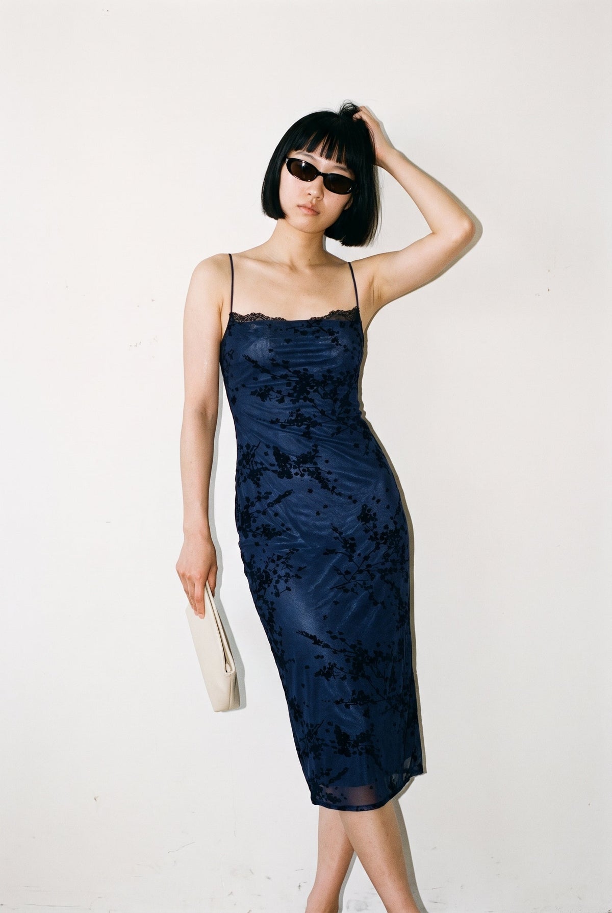 Spaghetti Bra Cup Mesh Velvet Burn Out Midi Dress Black/Navy FORE COLLECTION