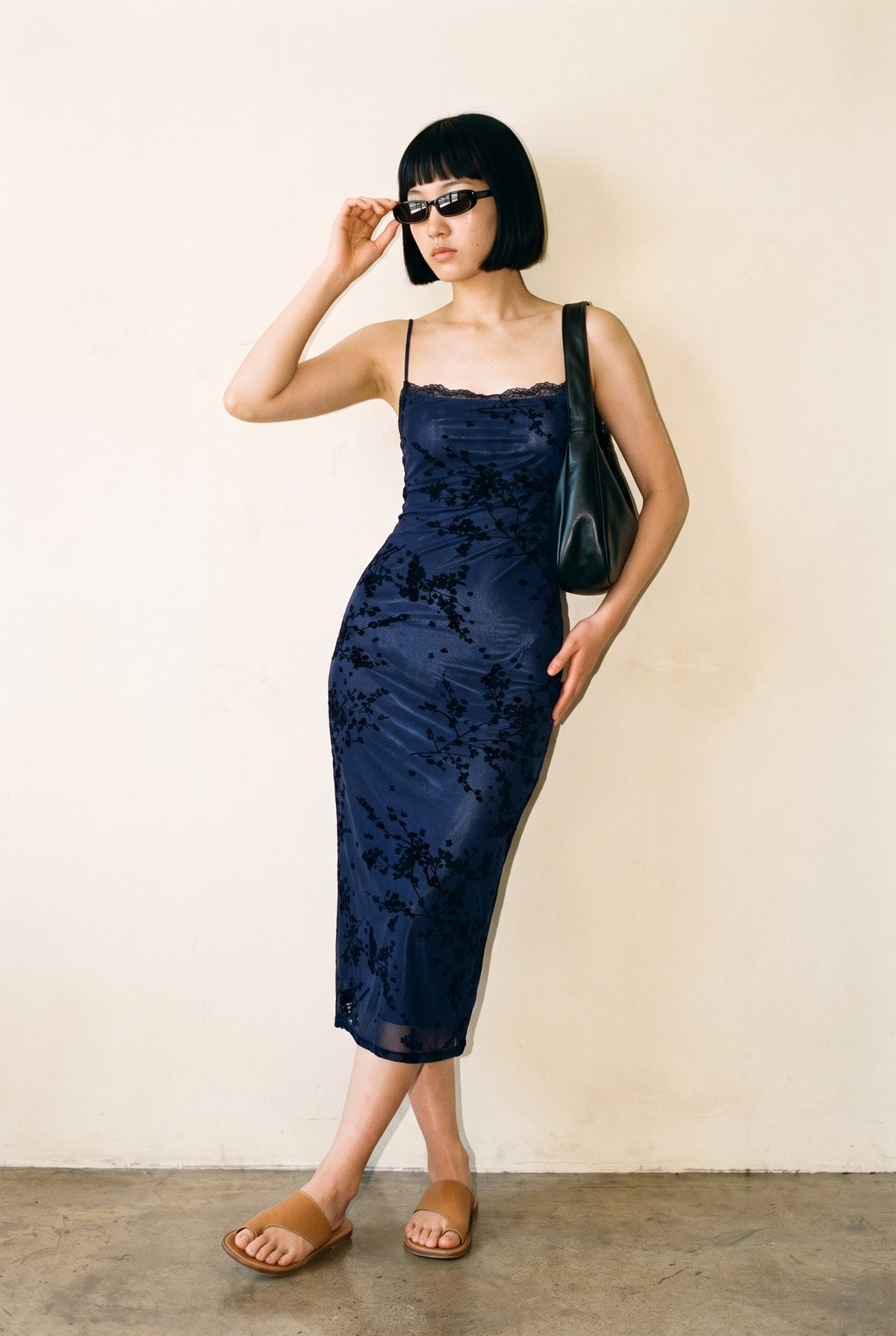 Spaghetti Bra Cup Mesh Velvet Burn Out Midi Dress Black/Navy FORE COLLECTION
