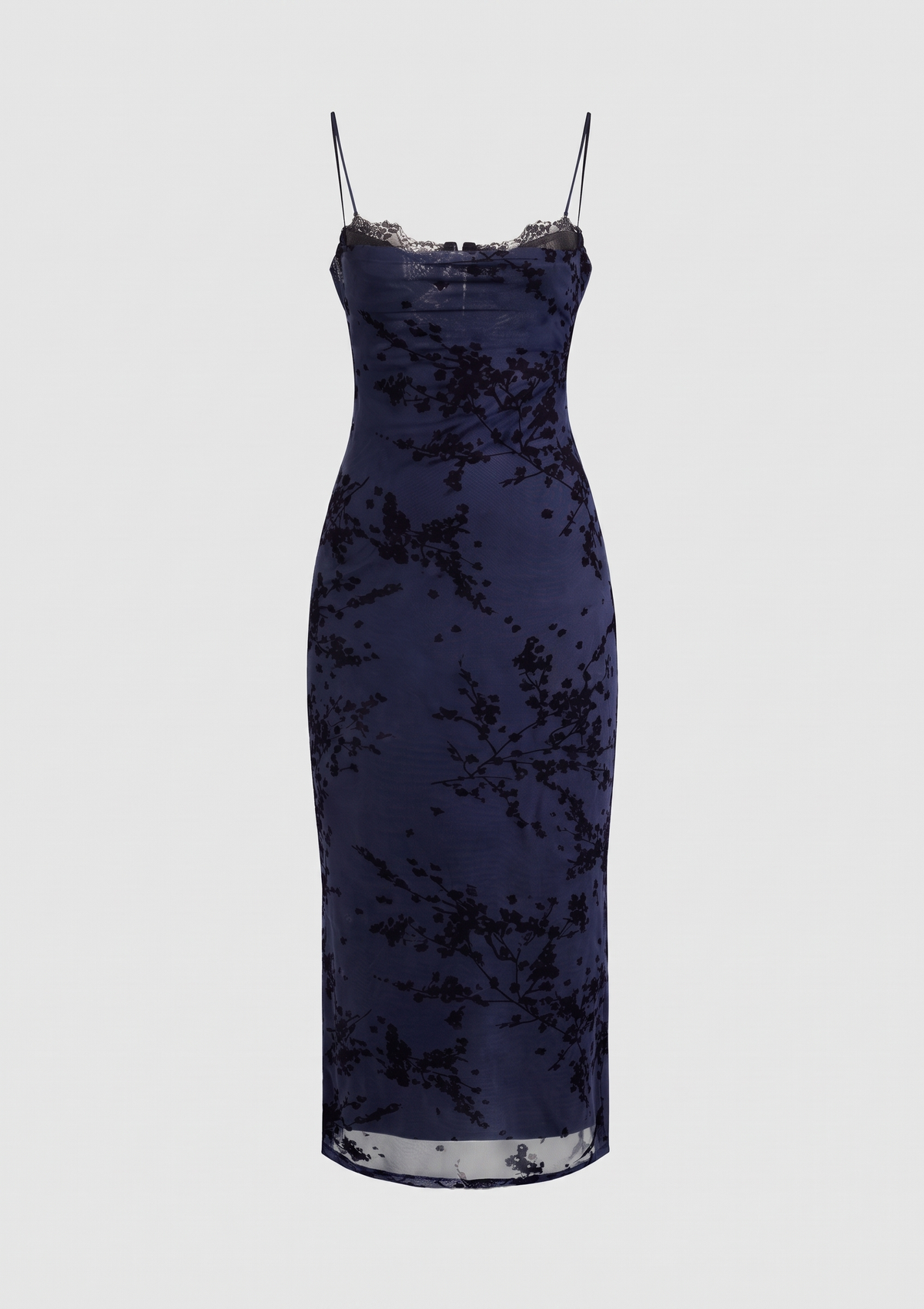 Spaghetti Bra Cup Mesh Velvet Burn Out Midi Dress Black/Navy FORE COLLECTION