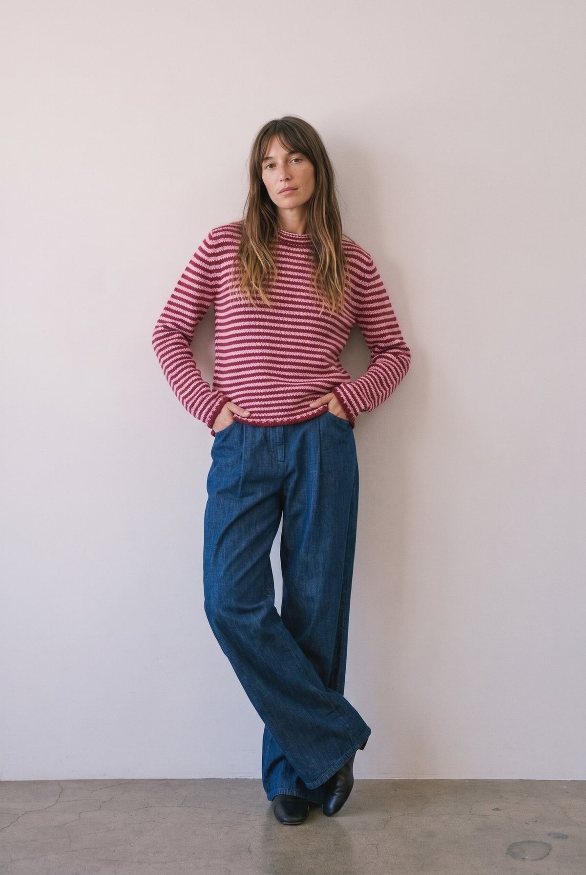 Everyday Cozy Stripe Knit Sweater in burgundy pink — full length with denim