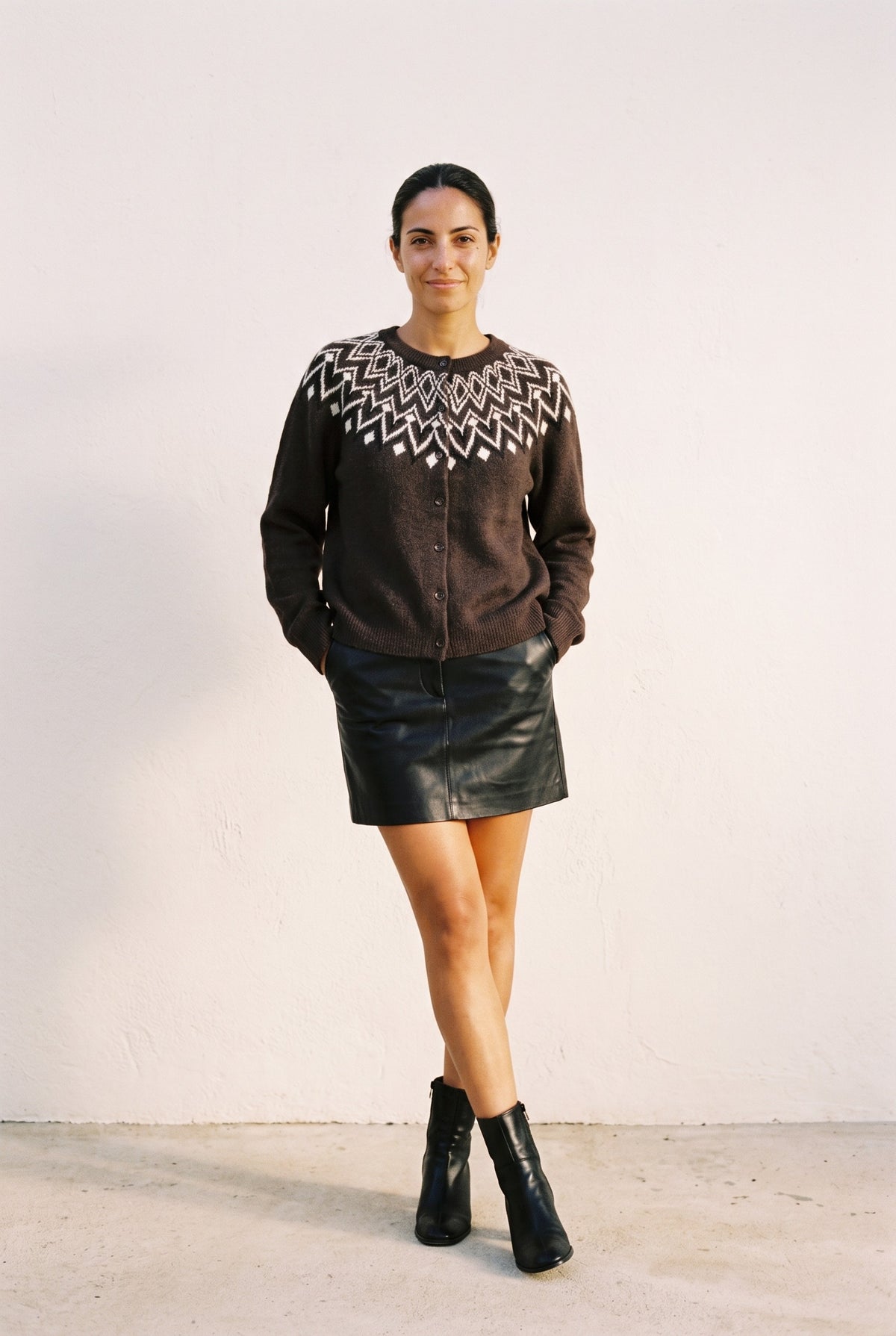 Vmkarla Button Cardigan in chocolate torte — full length with leather mini