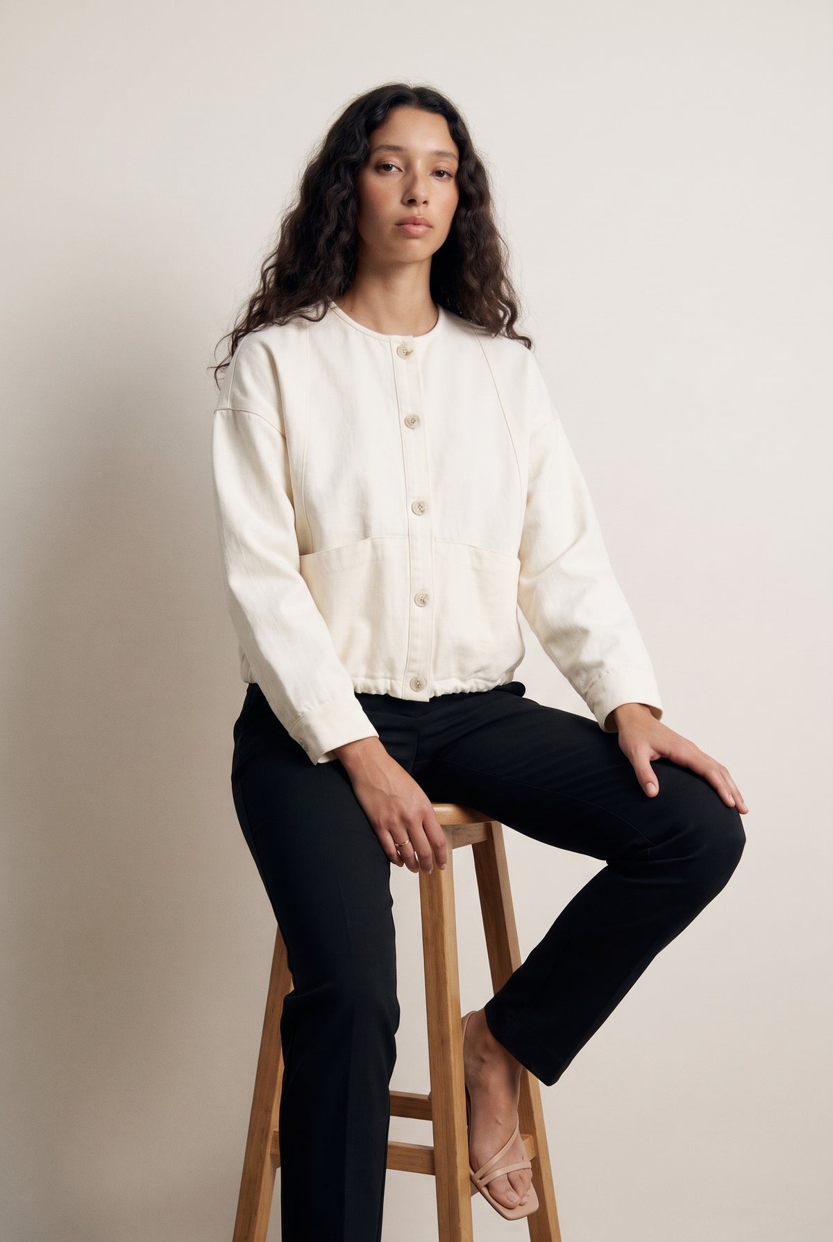 Crew Neck Button Down Jacket Ivory