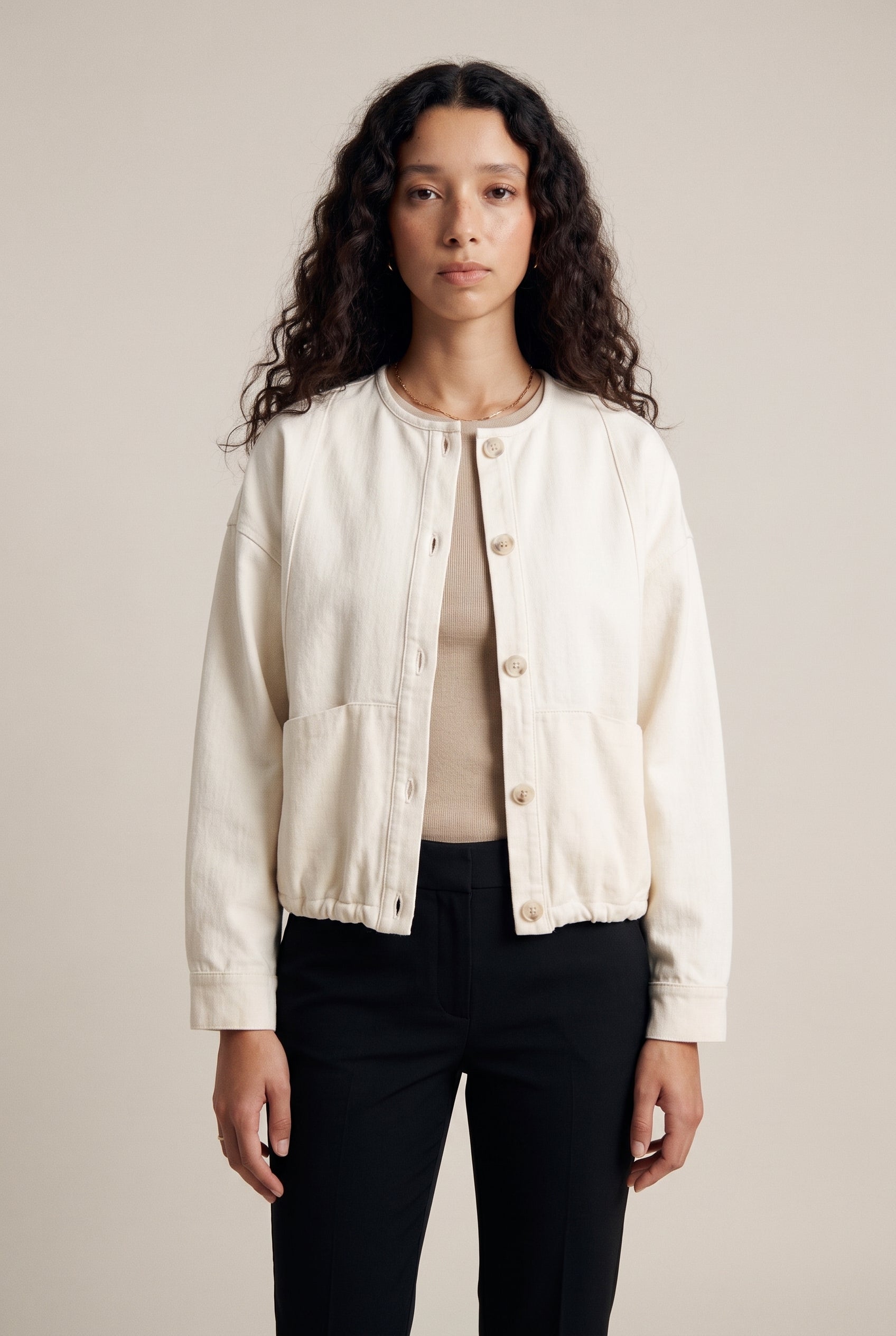 Crew Neck Button Down Jacket Ivory
