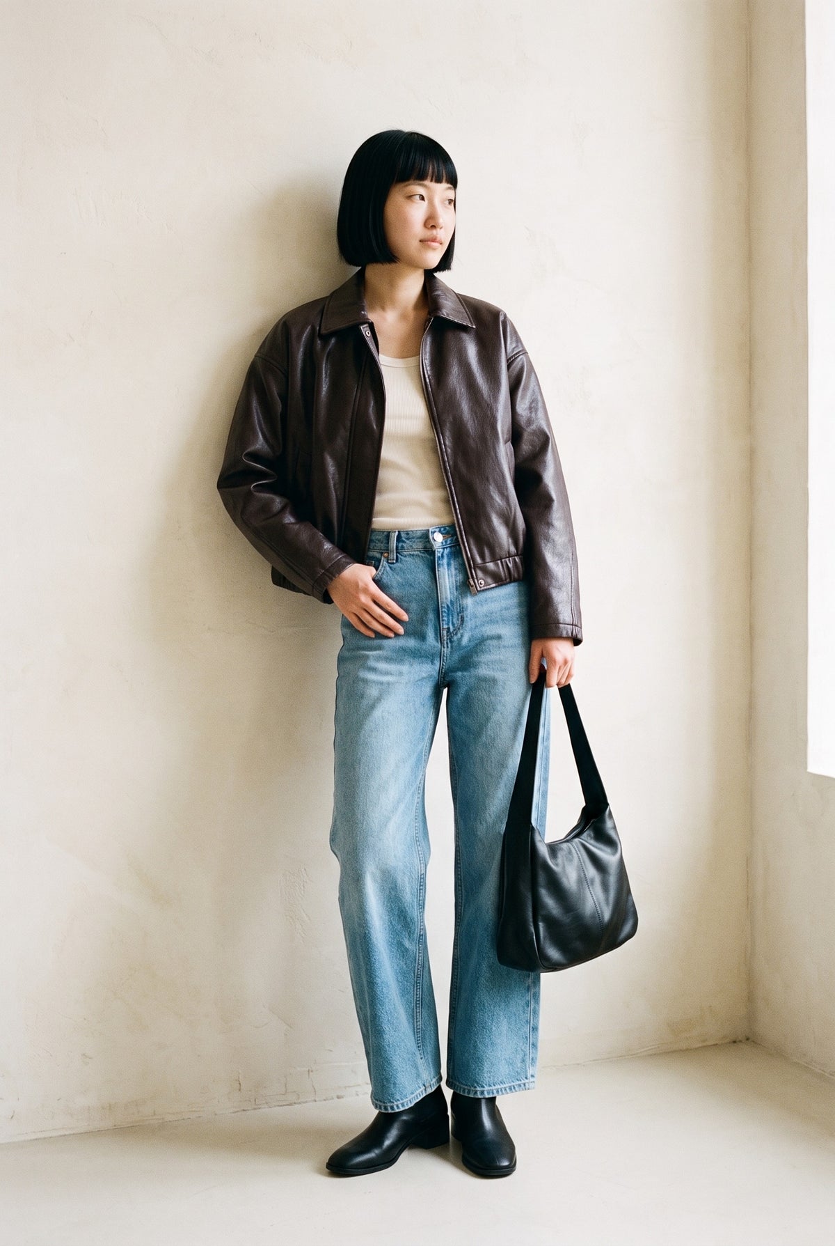 Onlmasja Faux Leather Bomber in chocolate torte — full length