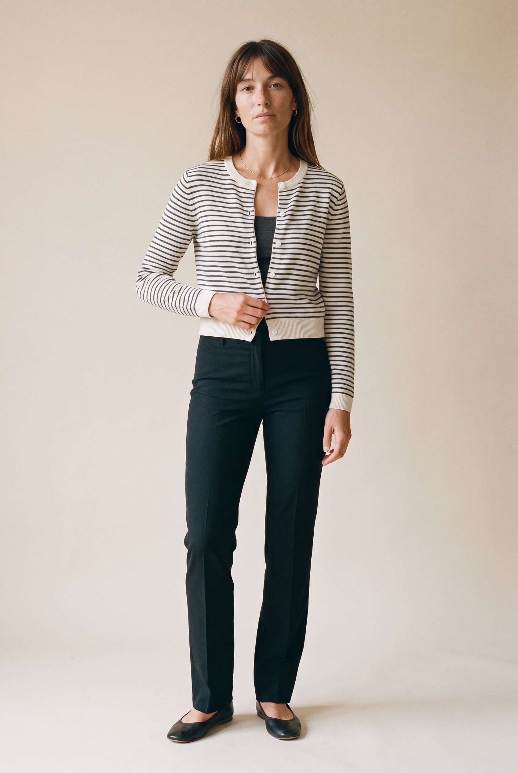 Parisen Striped Cardigan Top Natural Black