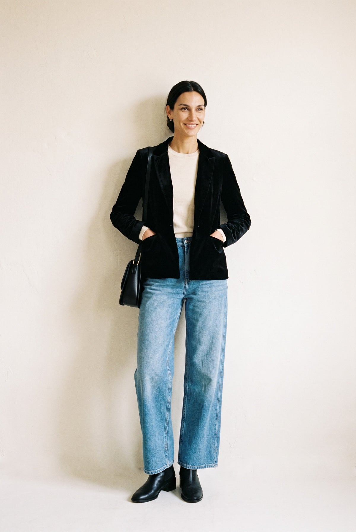 Velvet Blazer in black — full length with denim