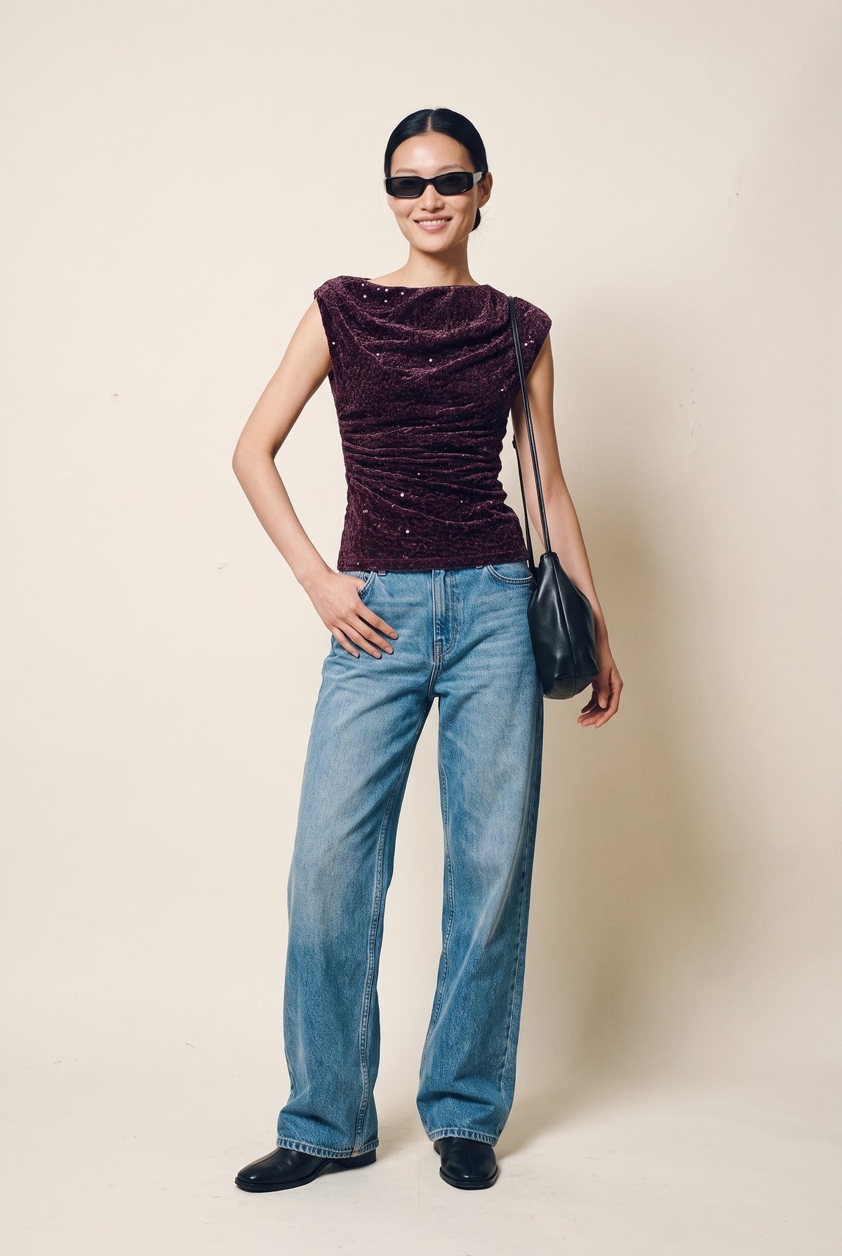 Onlnoxley Sequin Top in winetasting — front