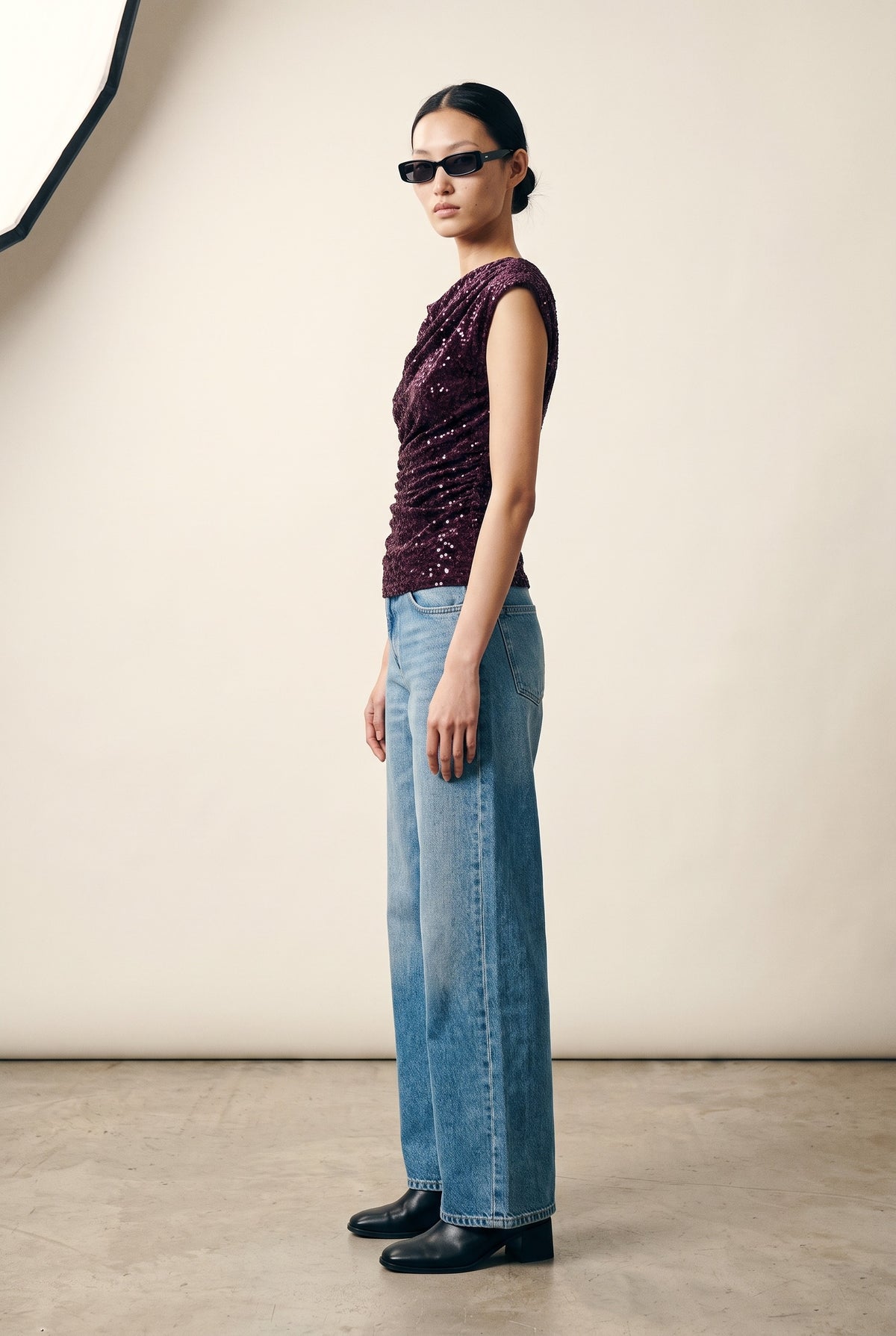 Onlnoxley Sequin Top in winetasting — side profile