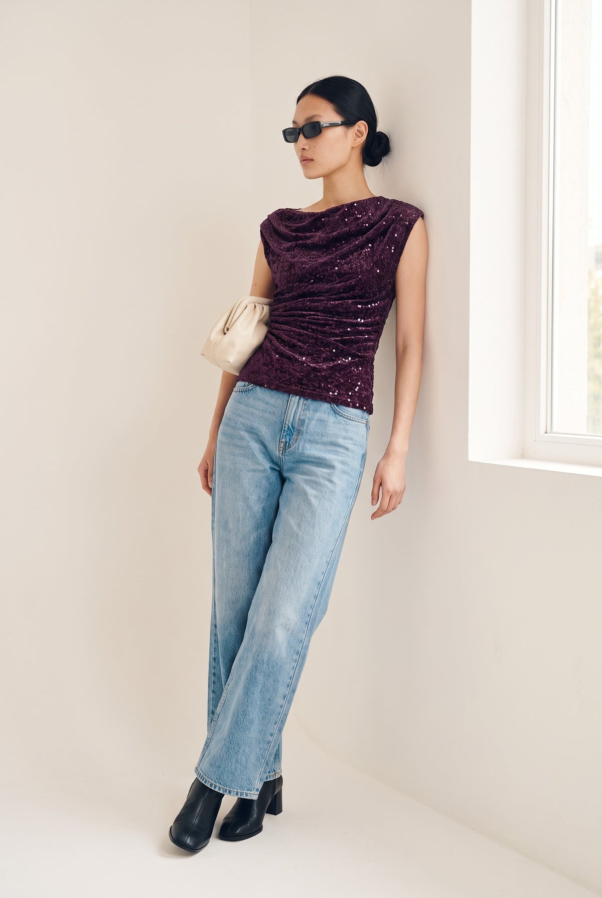 Onlnoxley Sequin Top in winetasting — full length