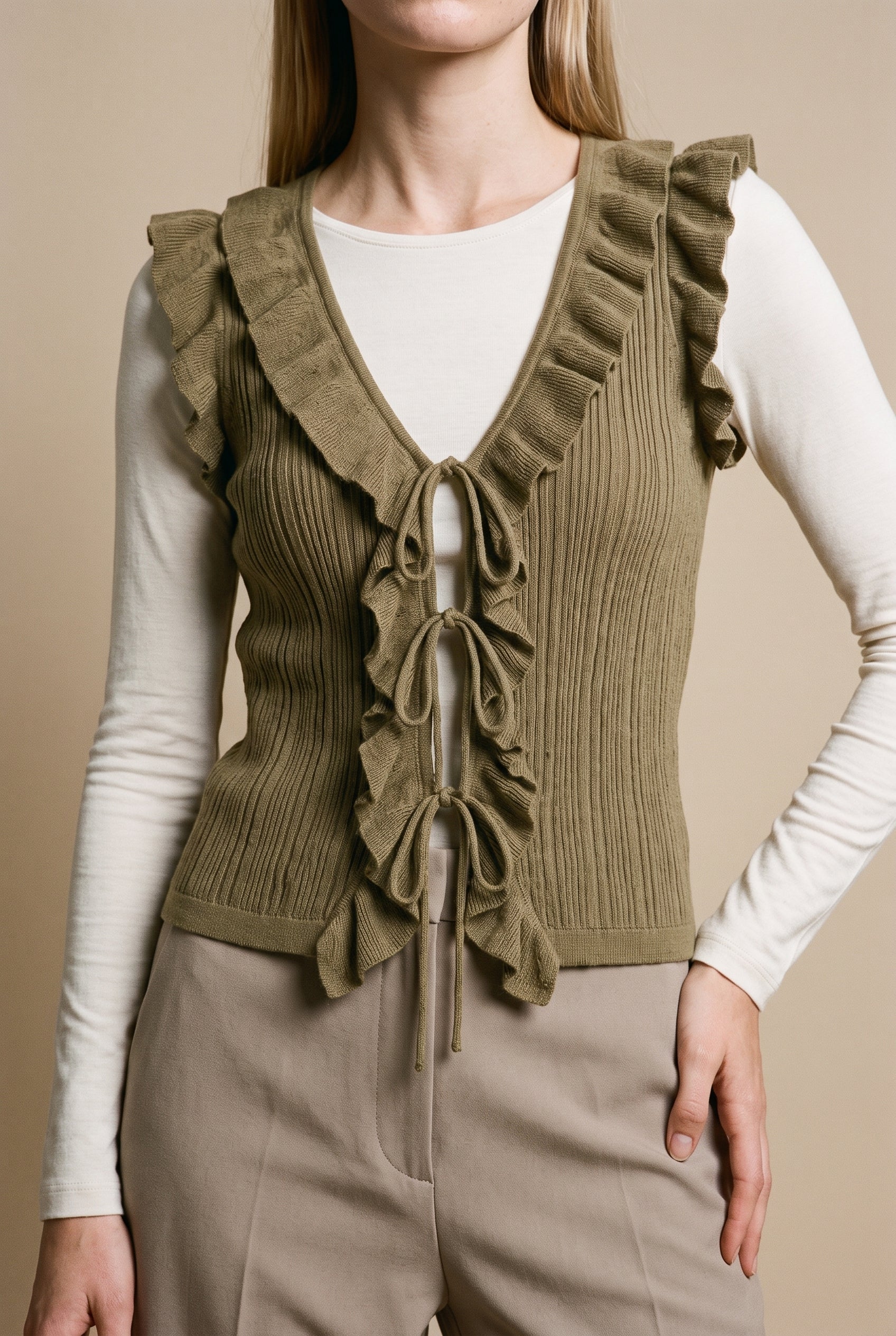 Ruffle Trim Tie Front Vest
