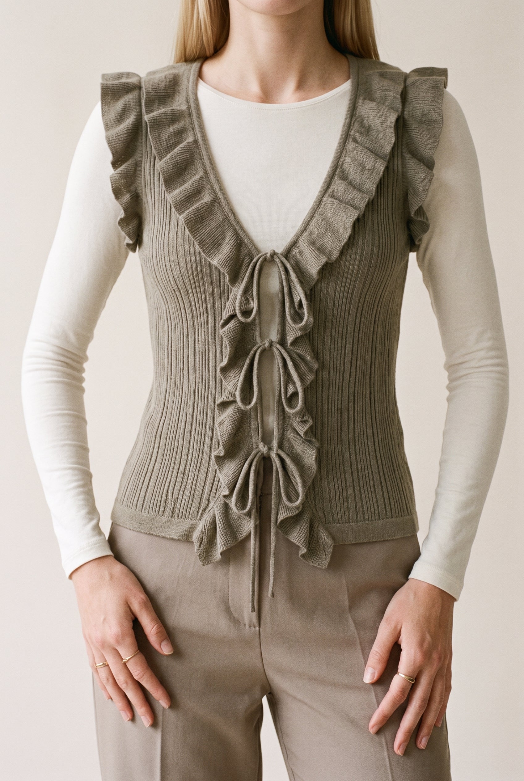Ruffle Trim Tie Front Vest