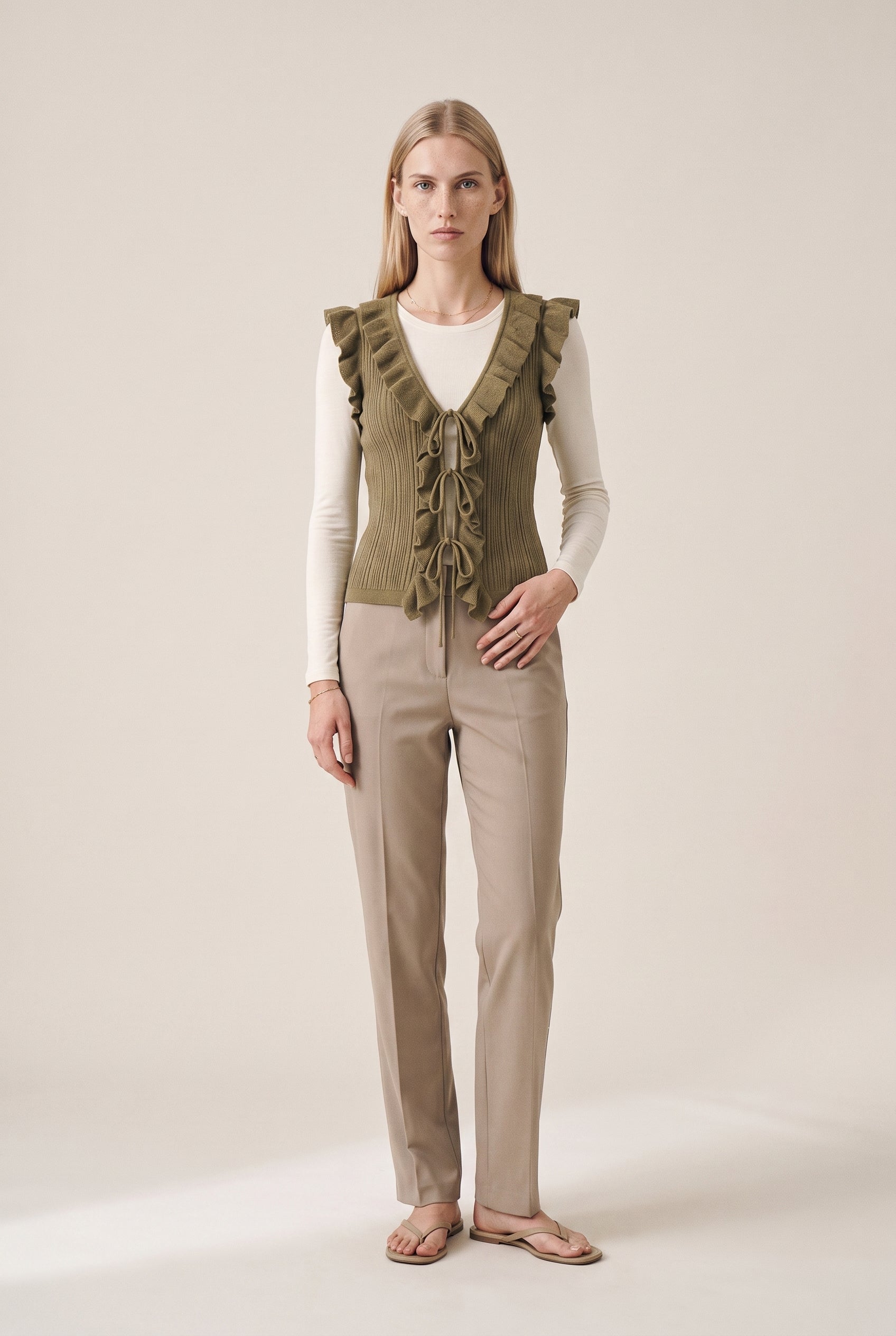 Ruffle Trim Tie Front Vest