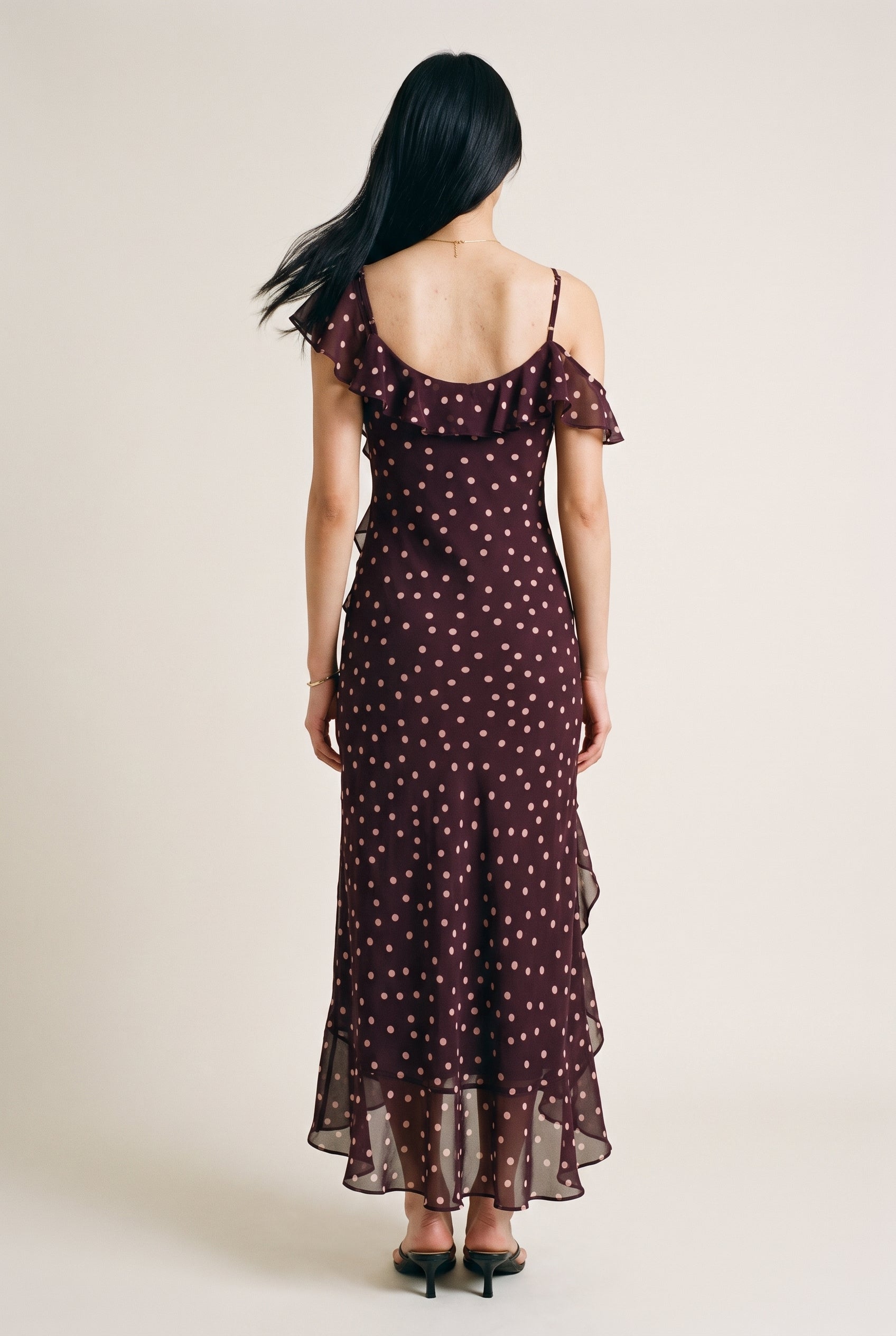 Polka Dot Asymmetrical Ruffled Maxi Dress Fairly Plum