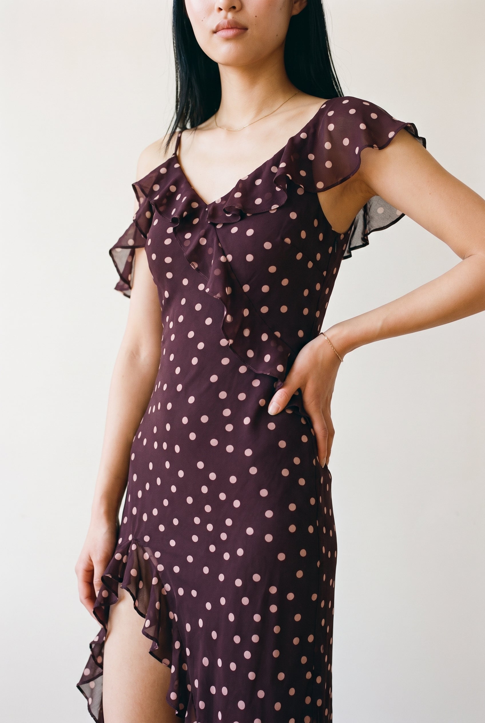 Polka Dot Asymmetrical Ruffled Maxi Dress Fairly Plum