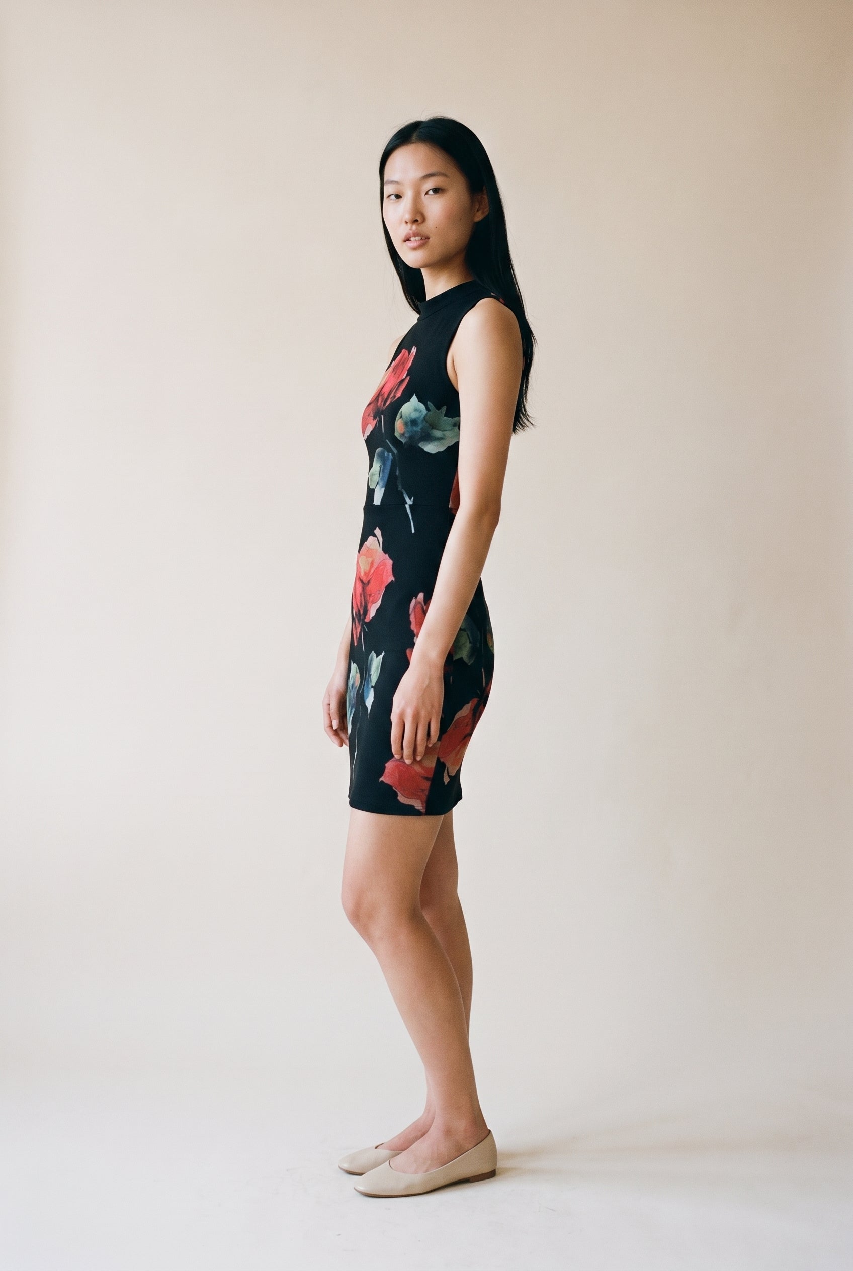 Mesh Print A Line Mini Dress Black Floral