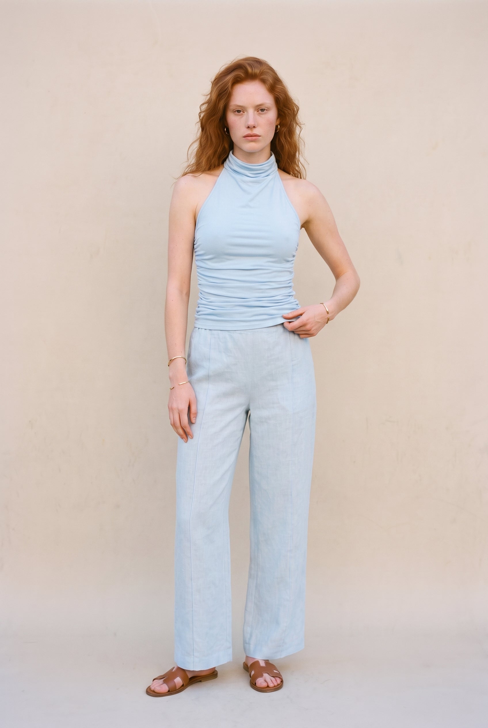 Halter Neck Ruching Top Baby Blue