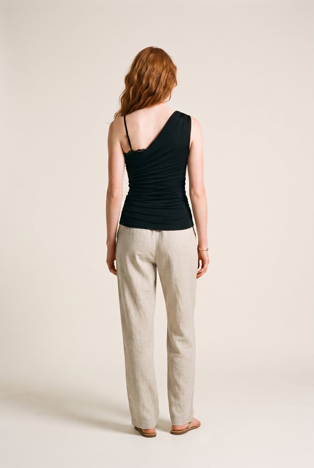 One Shoulder Drape Sleeveless Top W/ Mesh Bra Black Fore Collection