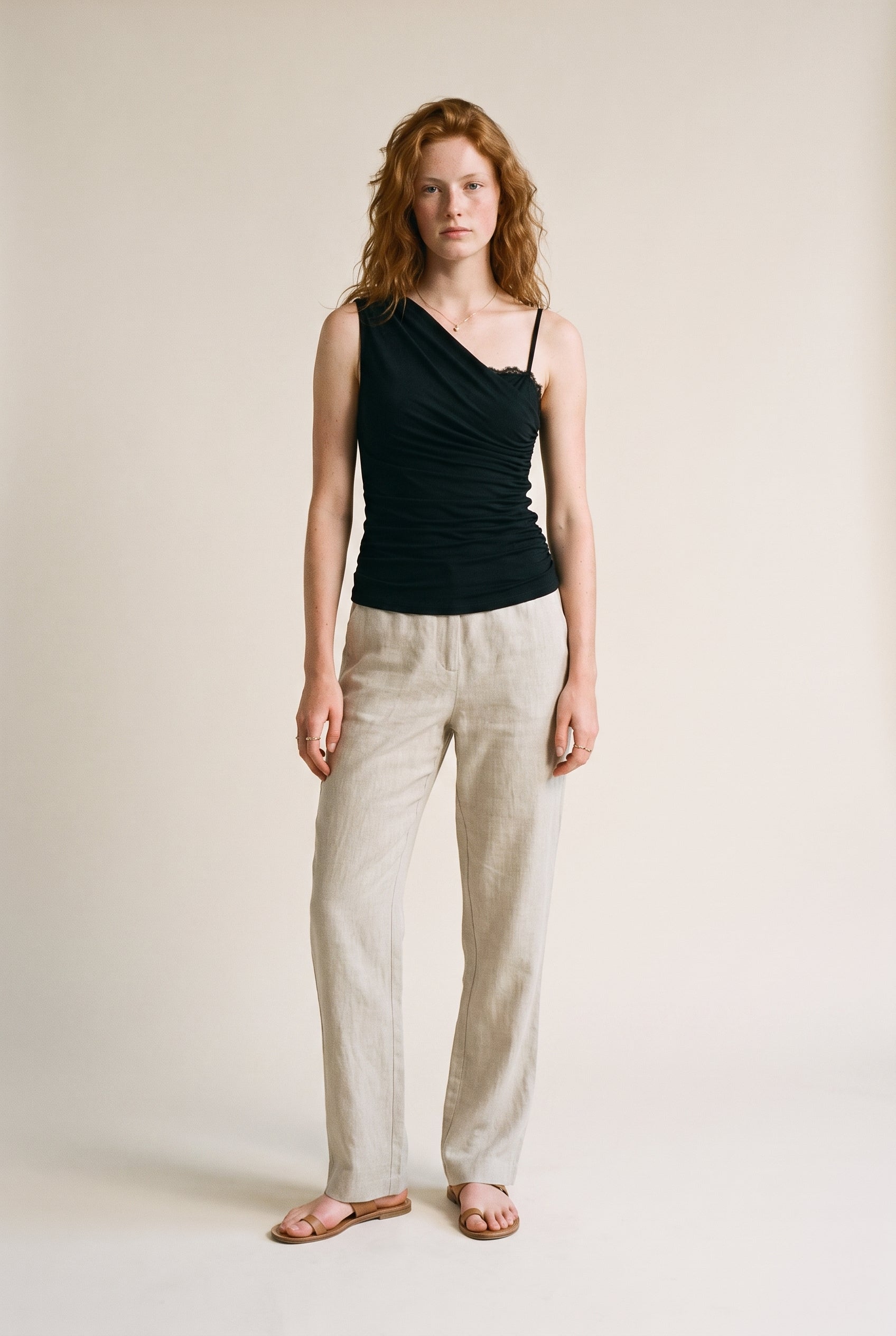 One Shoulder Drape Sleeveless Top W/ Mesh Bra Black