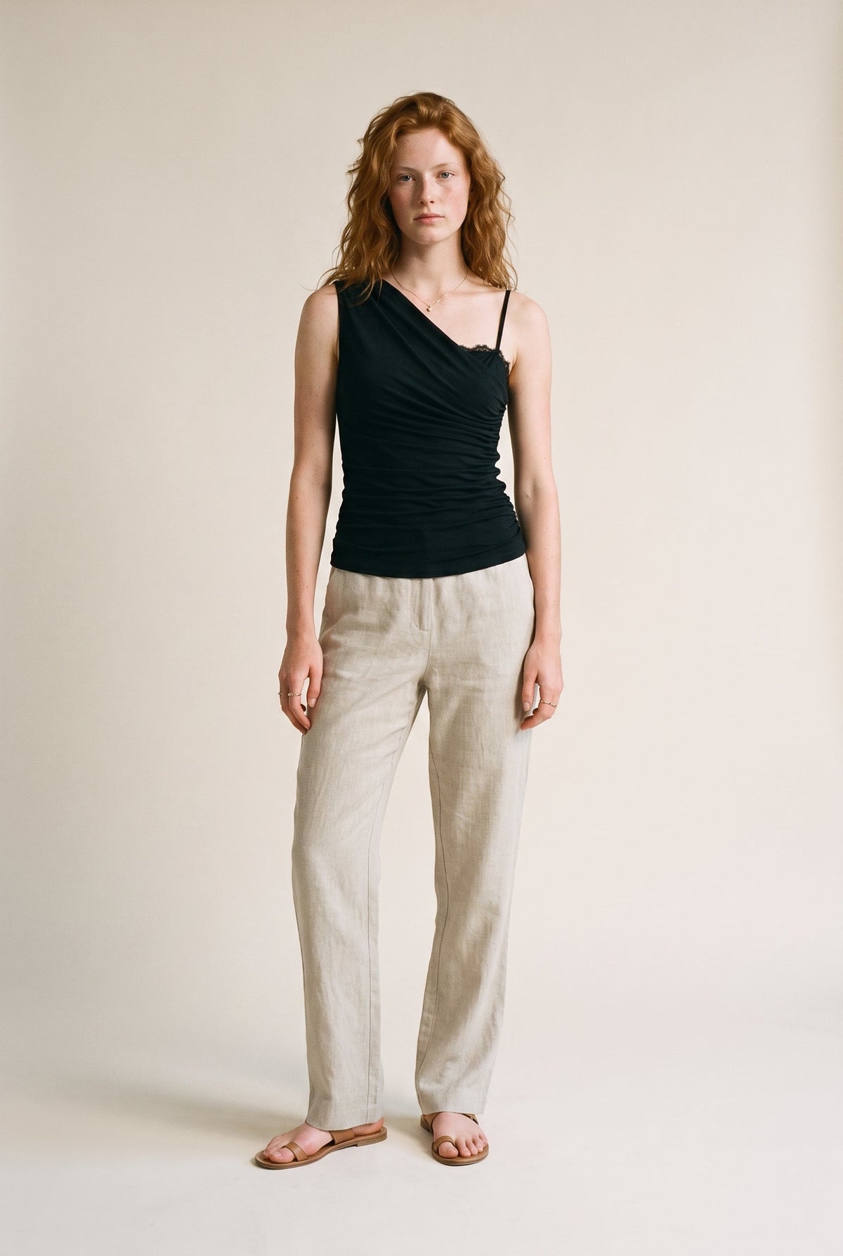 One Shoulder Drape Sleeveless Top W/ Mesh Bra Black Fore Collection