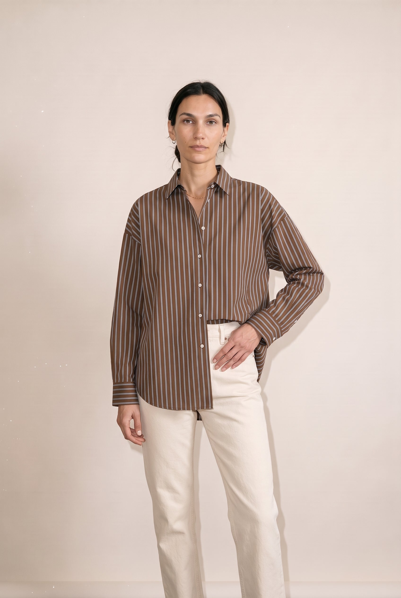 Two Tone Stripe Oversize Buttonup Top Brown