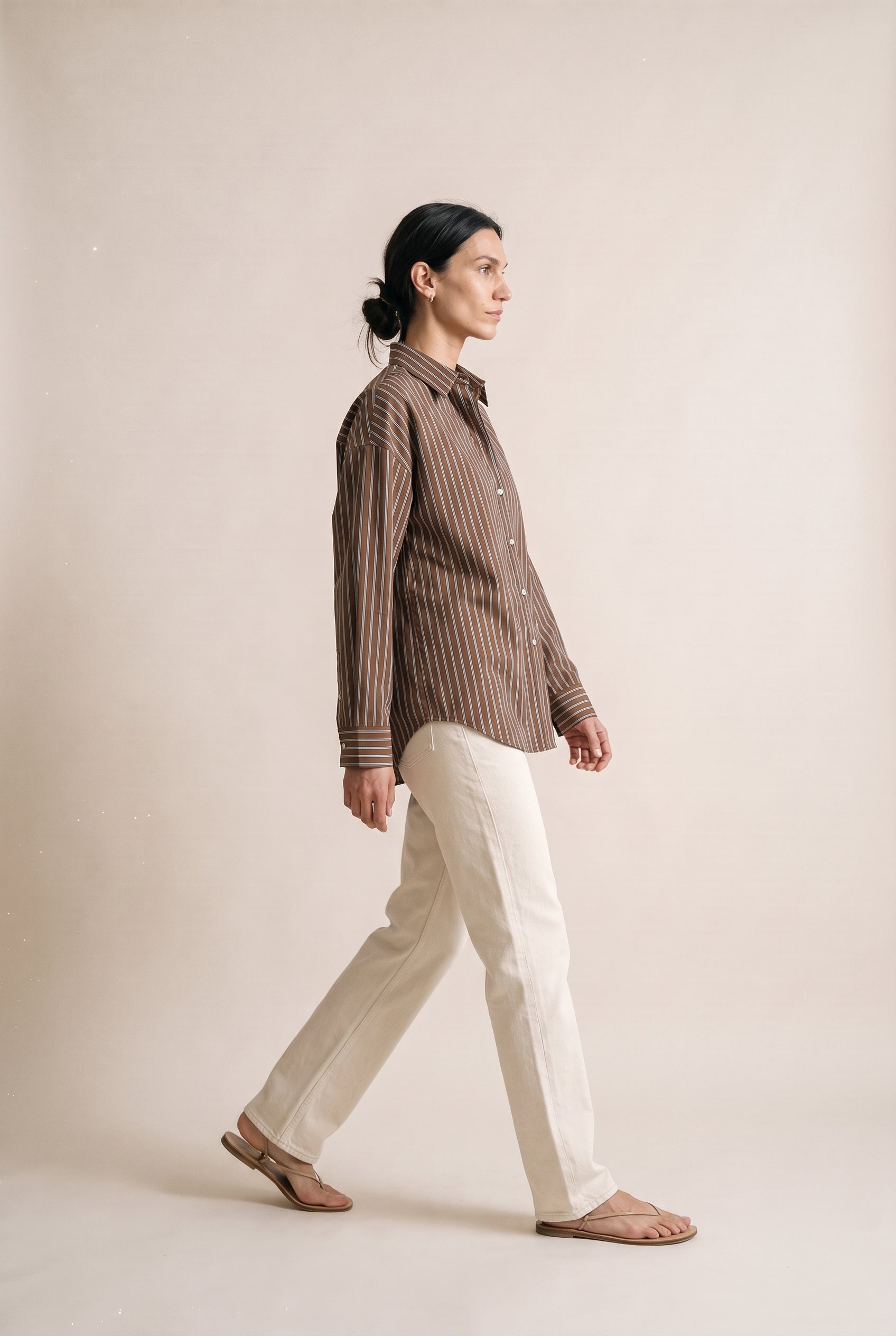 Two Tone Stripe Oversize Buttonup Top Brown