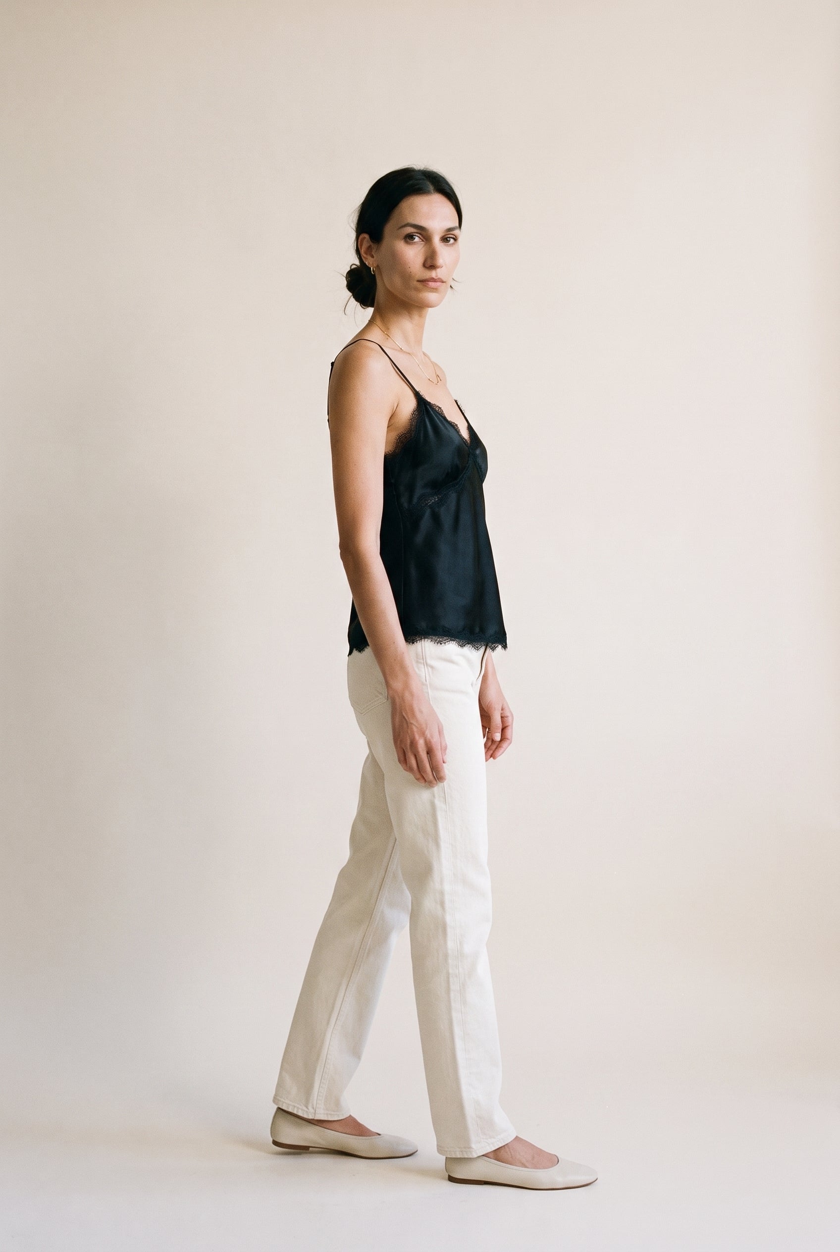 V-Neck Lace Trim Top Black