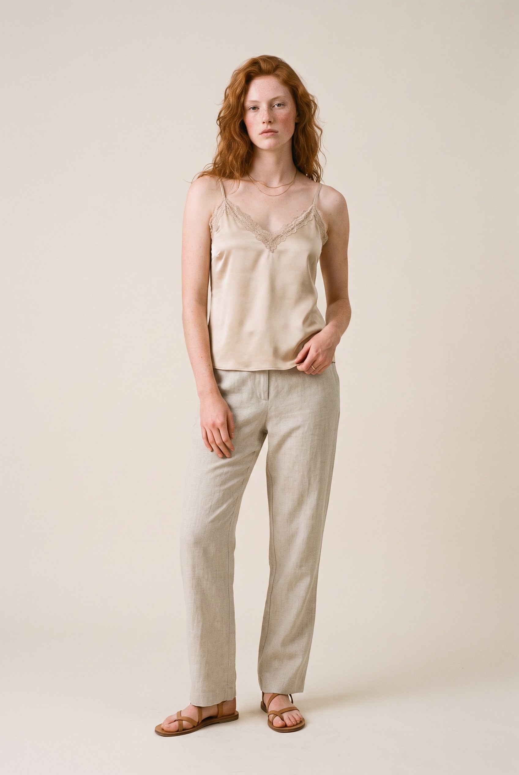 Classic Satin V-Neck Lace Trim Cami Beige