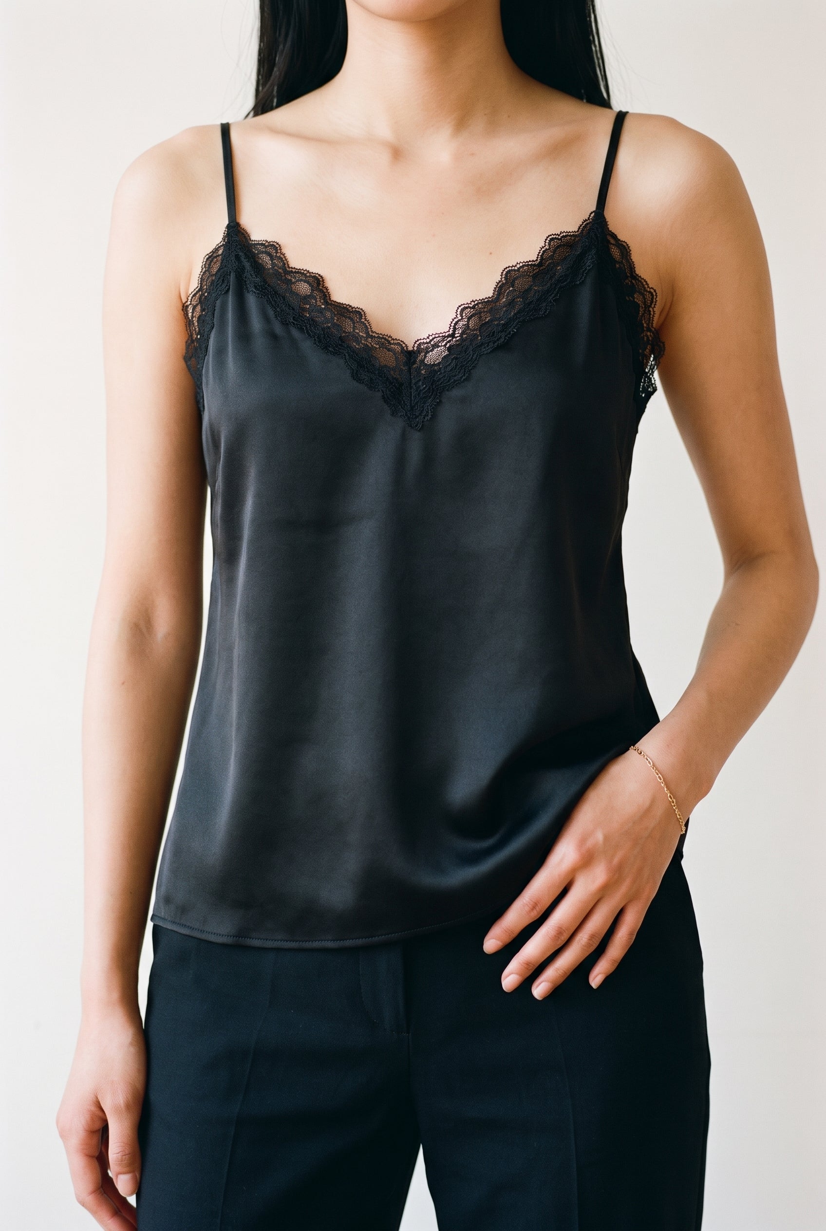 Classic Satin V-Neck Lace Trim Cami Black