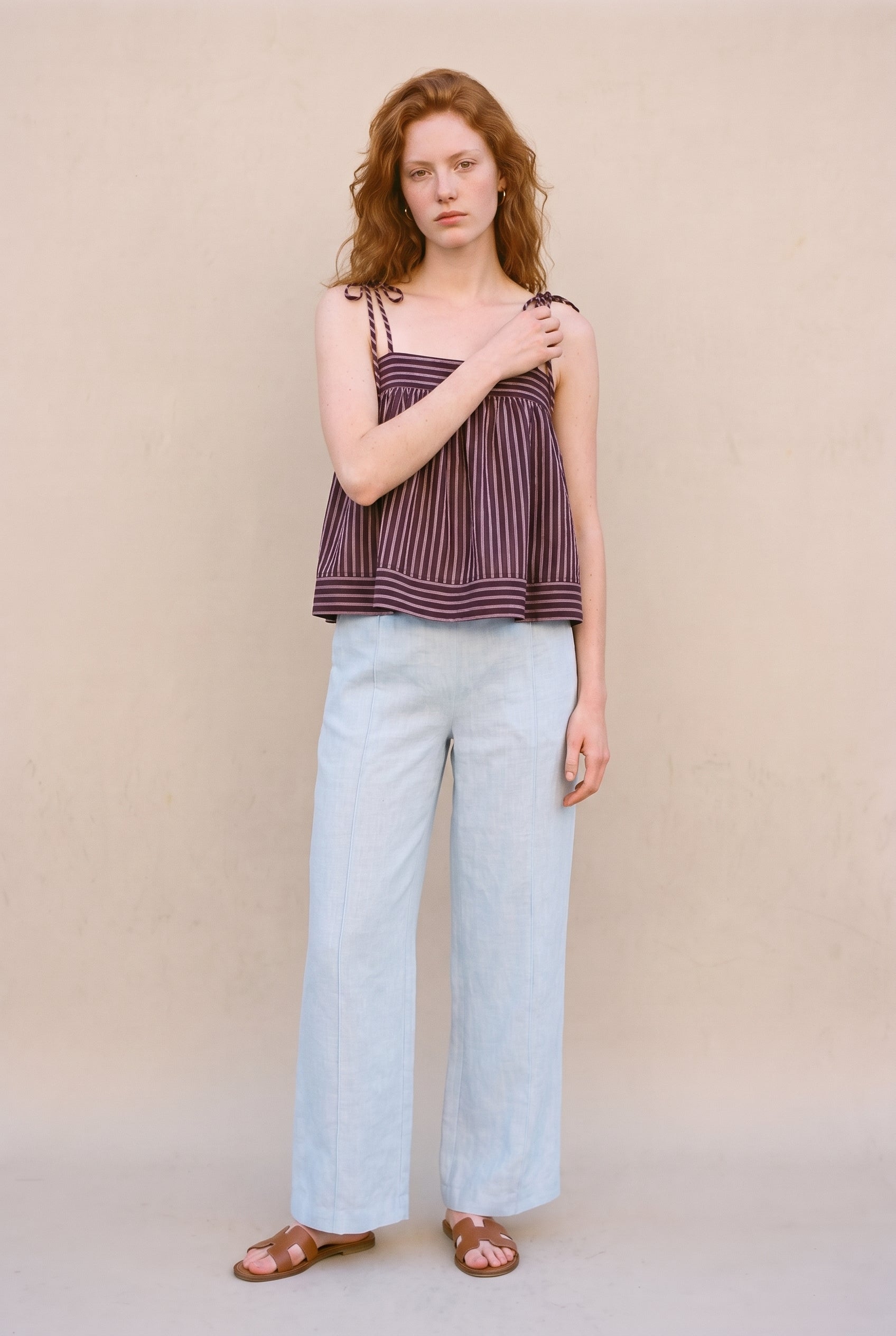 Striped Print Spaghetti Strap Top Brown