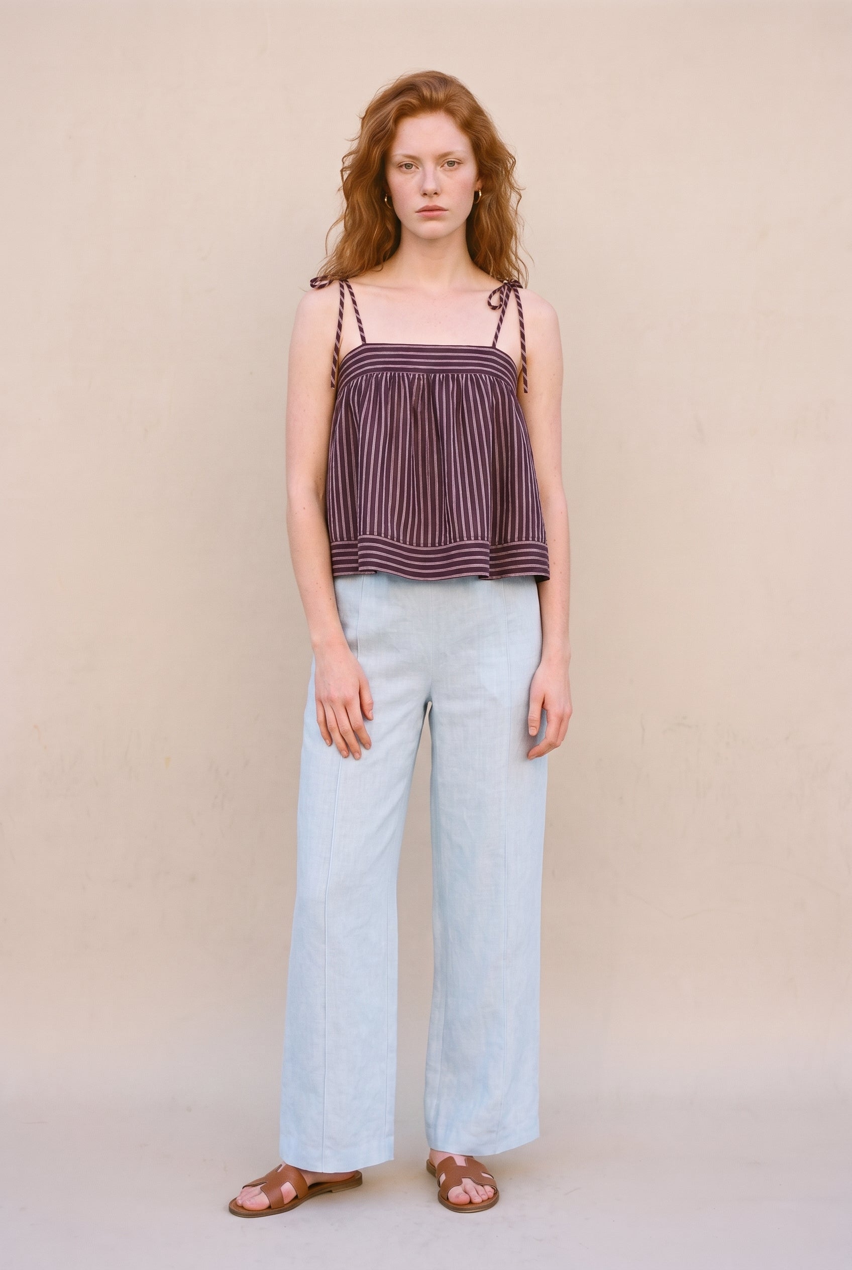 Striped Print Spaghetti Strap Top Brown