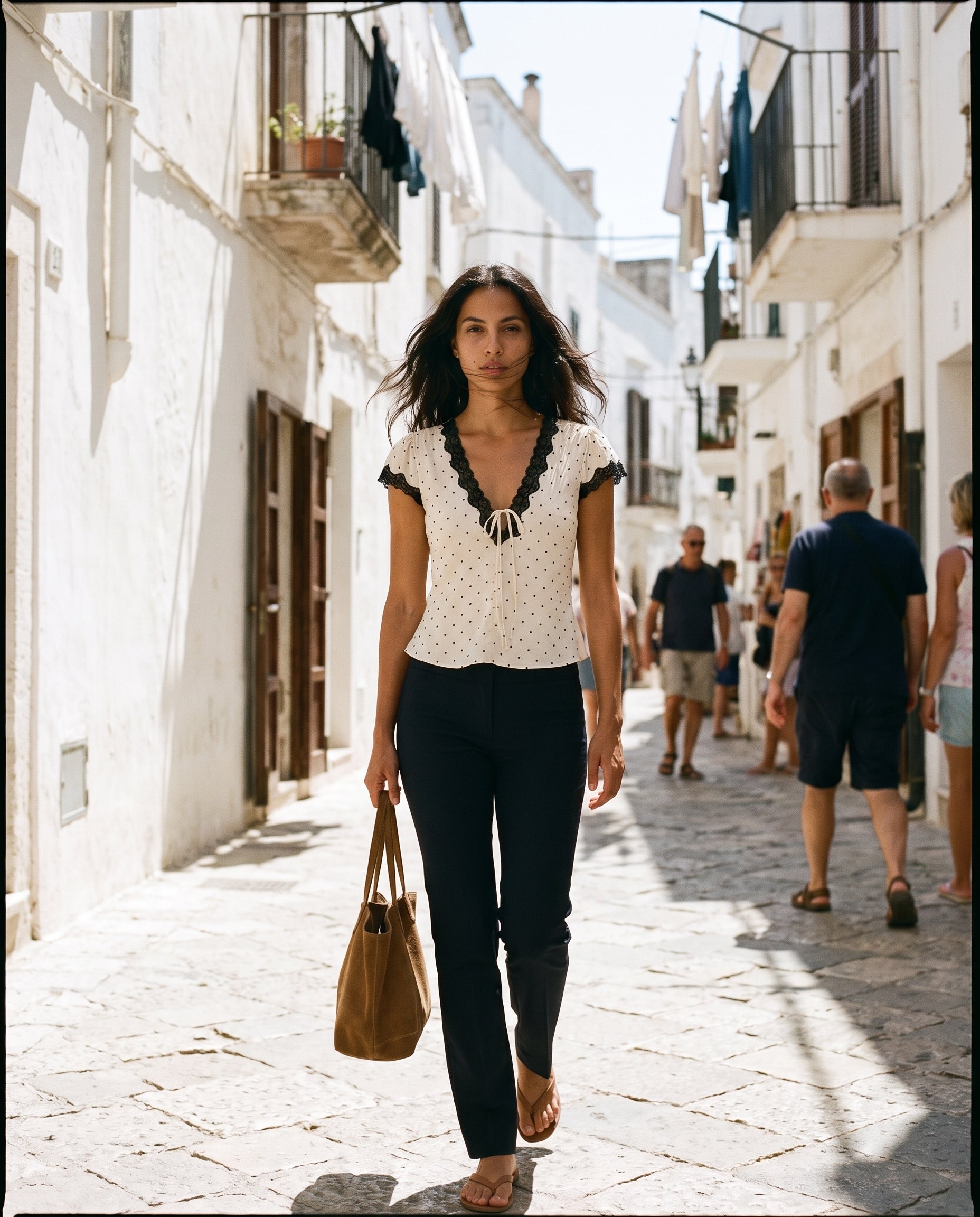 Polka Dot Satin Lace V Neck Top Cream
