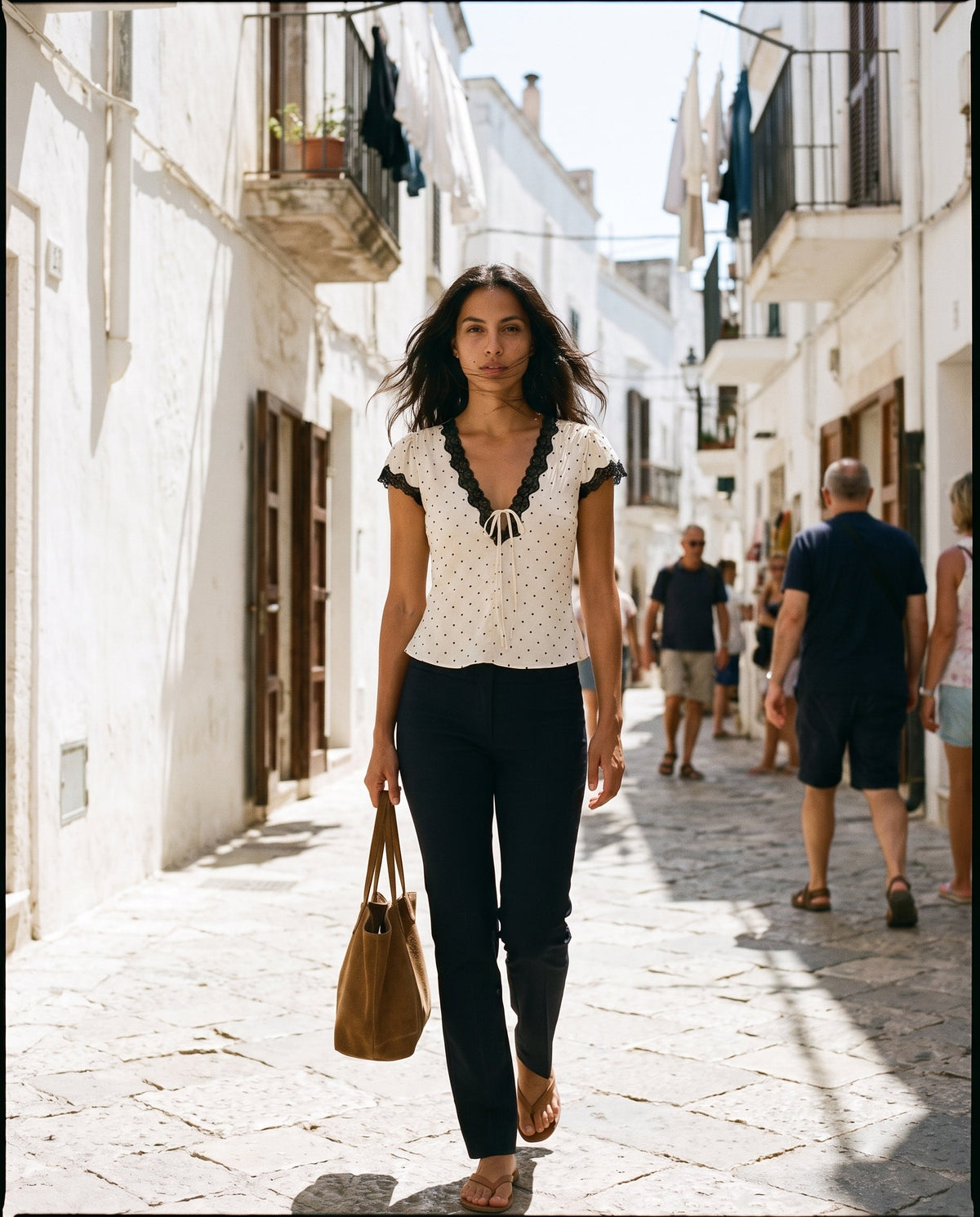 Polka Dot Satin Lace V Neck Top Cream Aaron & Amber