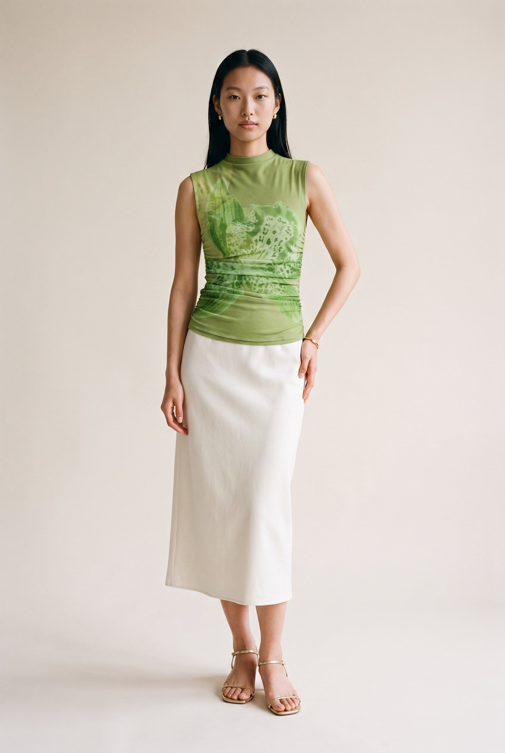 Drop Shoulder Mesh Top Green Floral