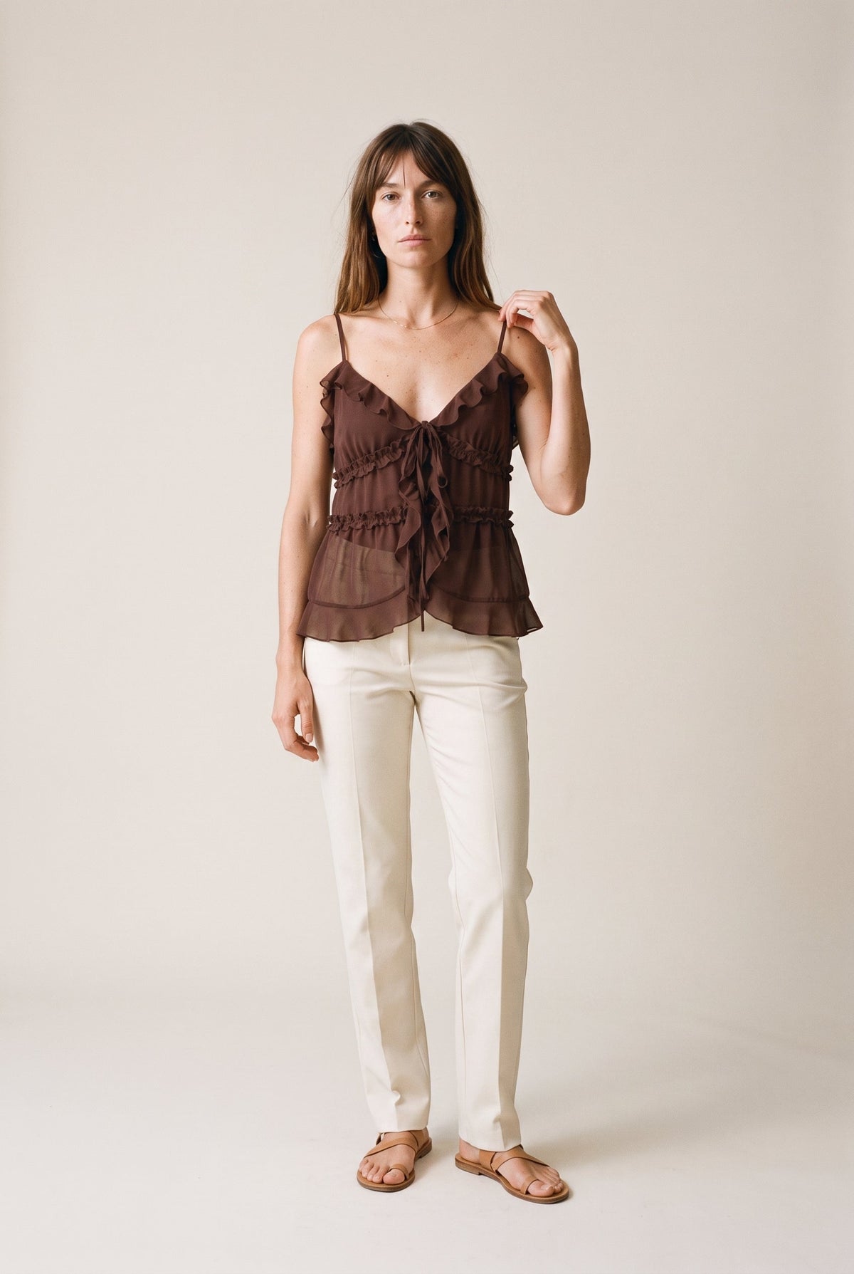 Ruffled Double Tie-Front Chiffon Cami Brown SUNDAY EDITION