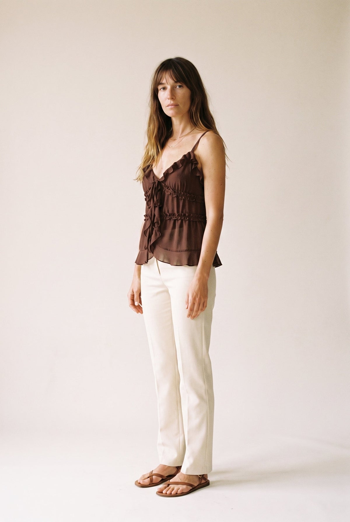 Ruffled Double Tie-Front Chiffon Cami Brown SUNDAY EDITION