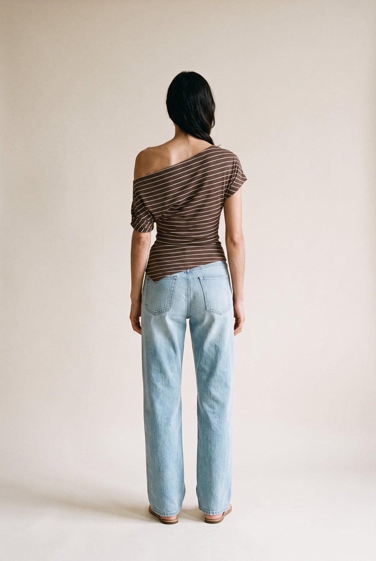 Asymmetrical Neck Ruching Shoulder Knit Top Brown Stripe Le Lis