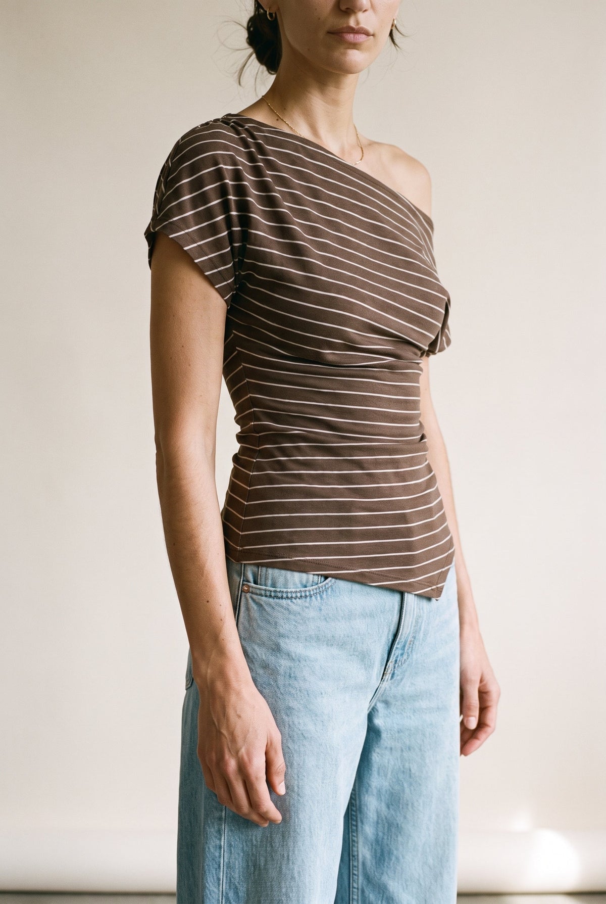 Asymmetrical Neck Ruching Shoulder Knit Top Brown Stripe Le Lis