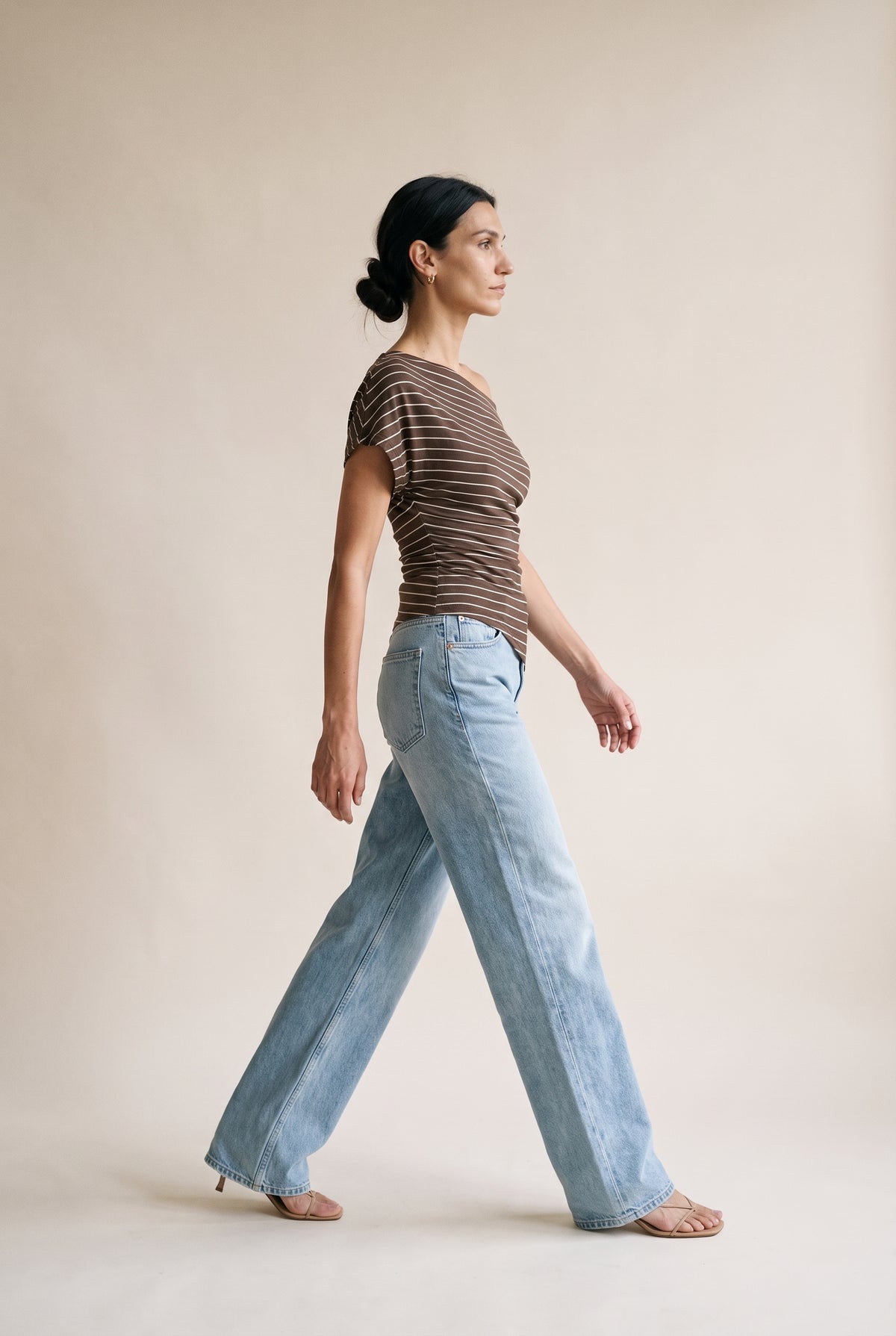 Asymmetrical Neck Ruching Shoulder Knit Top Brown Stripe
