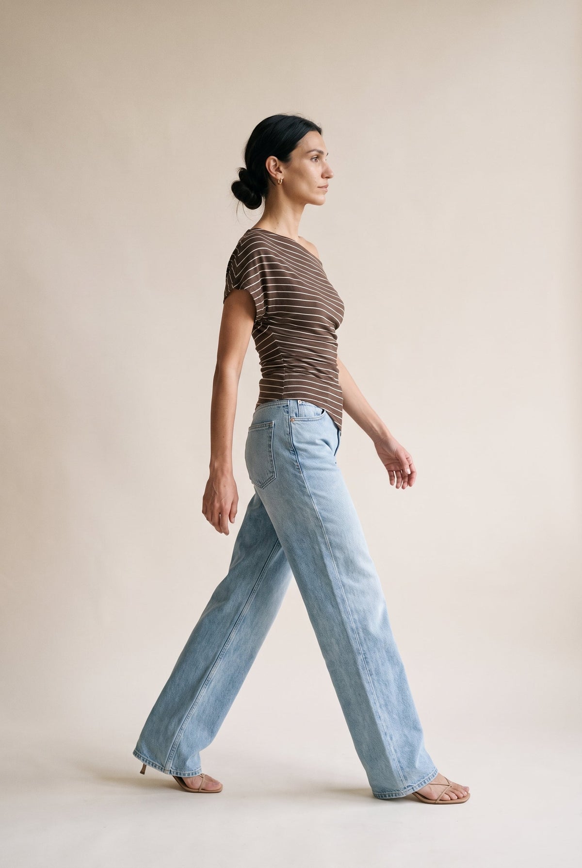 Asymmetrical Neck Ruching Shoulder Knit Top Brown Stripe Le Lis