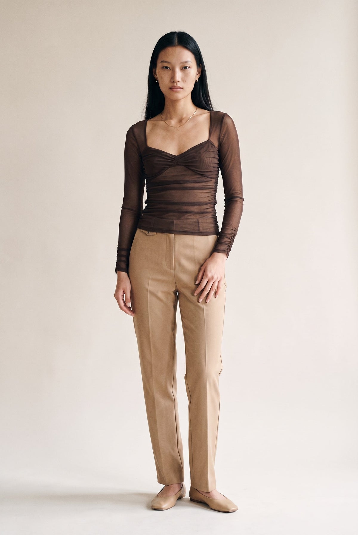 Long Sleeve Twist Front Mesh Top Fore Collection
