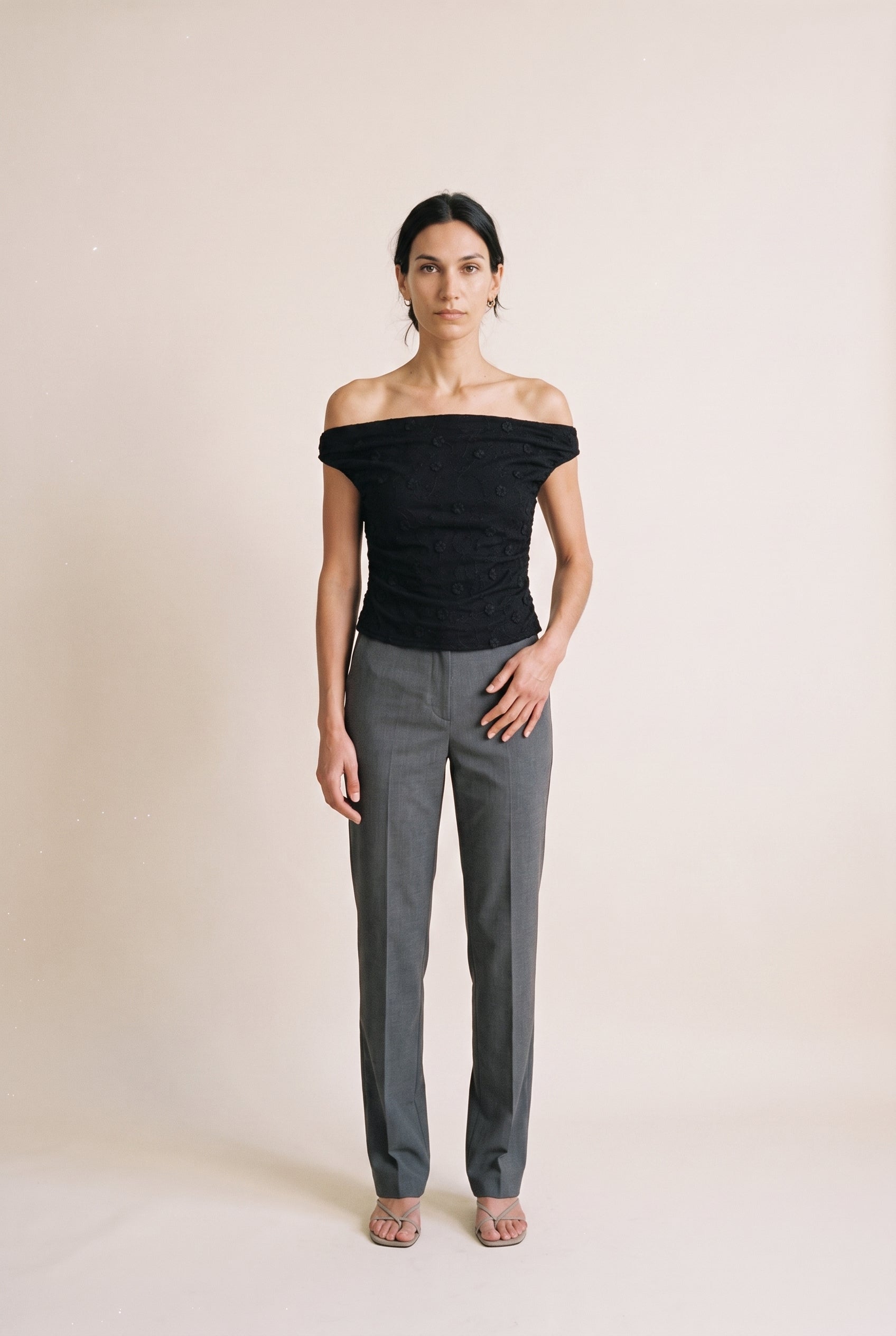 Off Shoulder Ruched Textured Knit Top Black